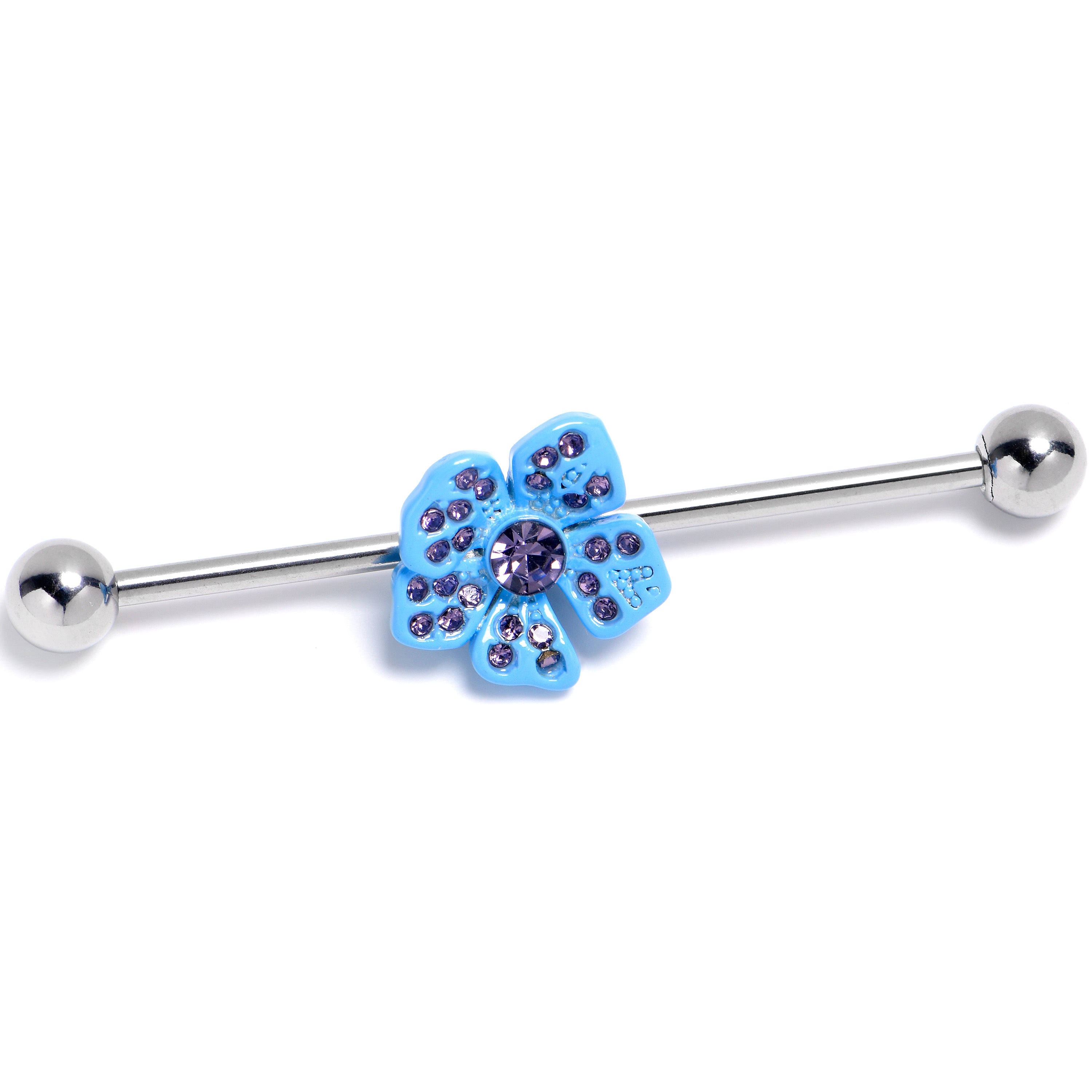 14 Gauge Purple Gem Flower Blue Bloom Industrial Barbell 38mm