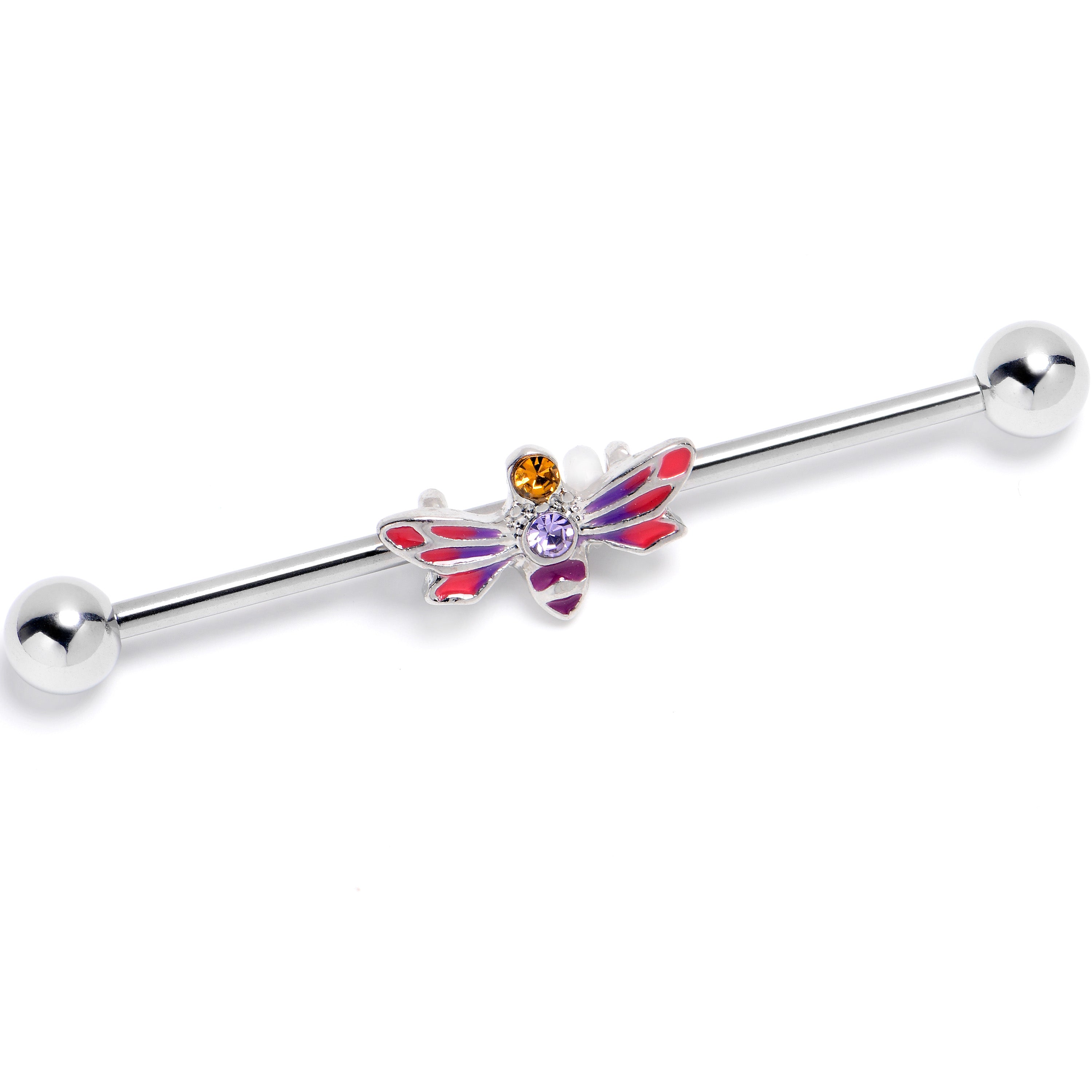 14 Gauge Yellow Purple Gem Dragonfly Stripe Industrial Barbell 38mm