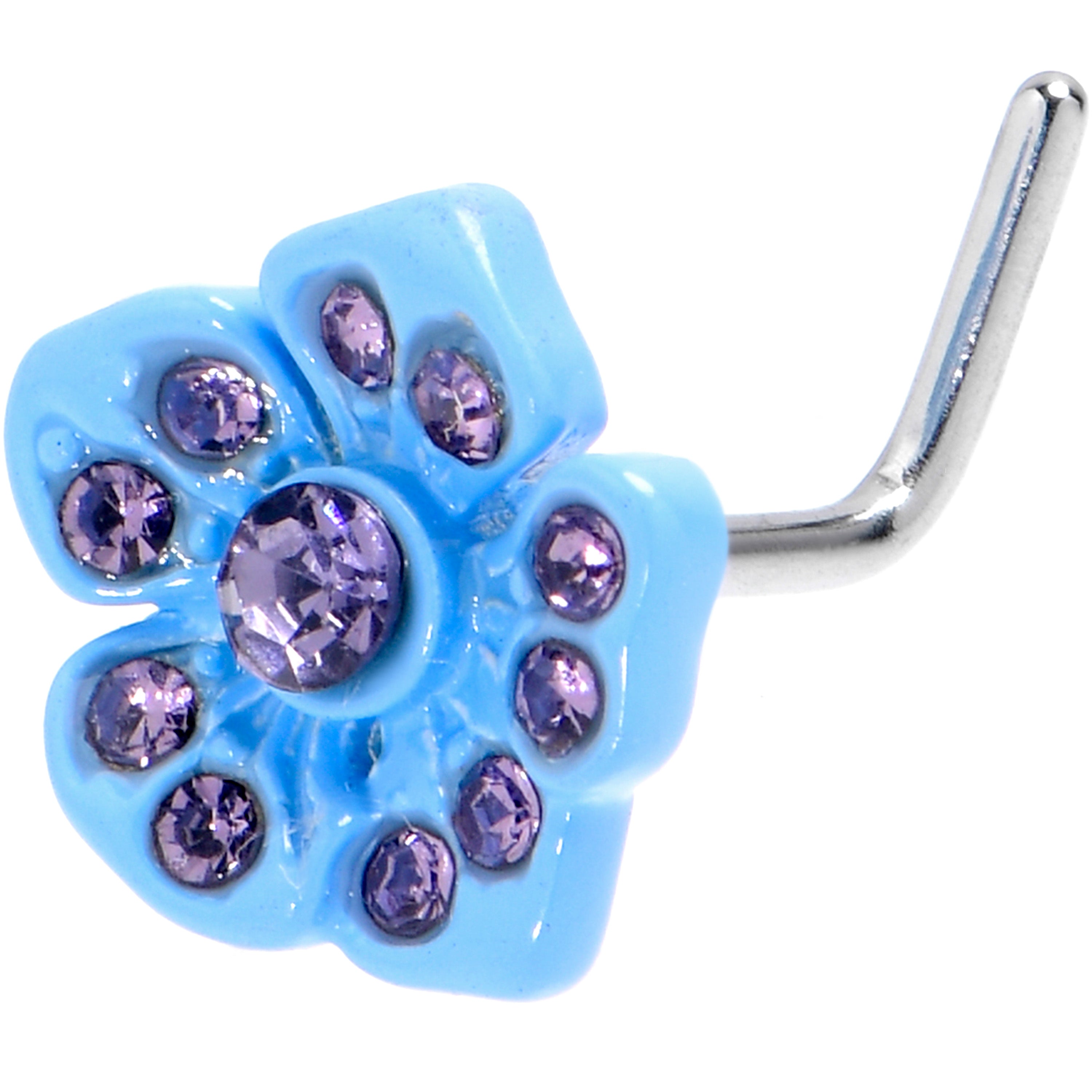 20 Gauge 7mm Purple Gem Flower Blue Bloom L Shape Nose Ring