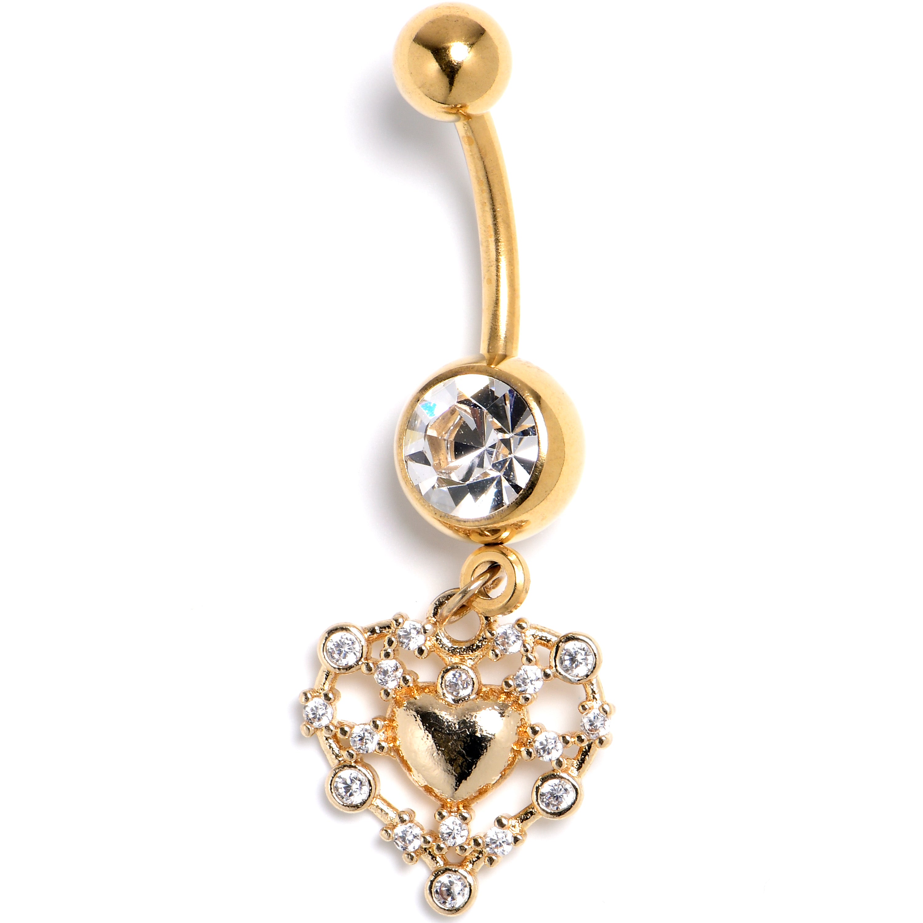 Clear CZ Gem Gold Tone Heart Duo Dangle Belly Ring