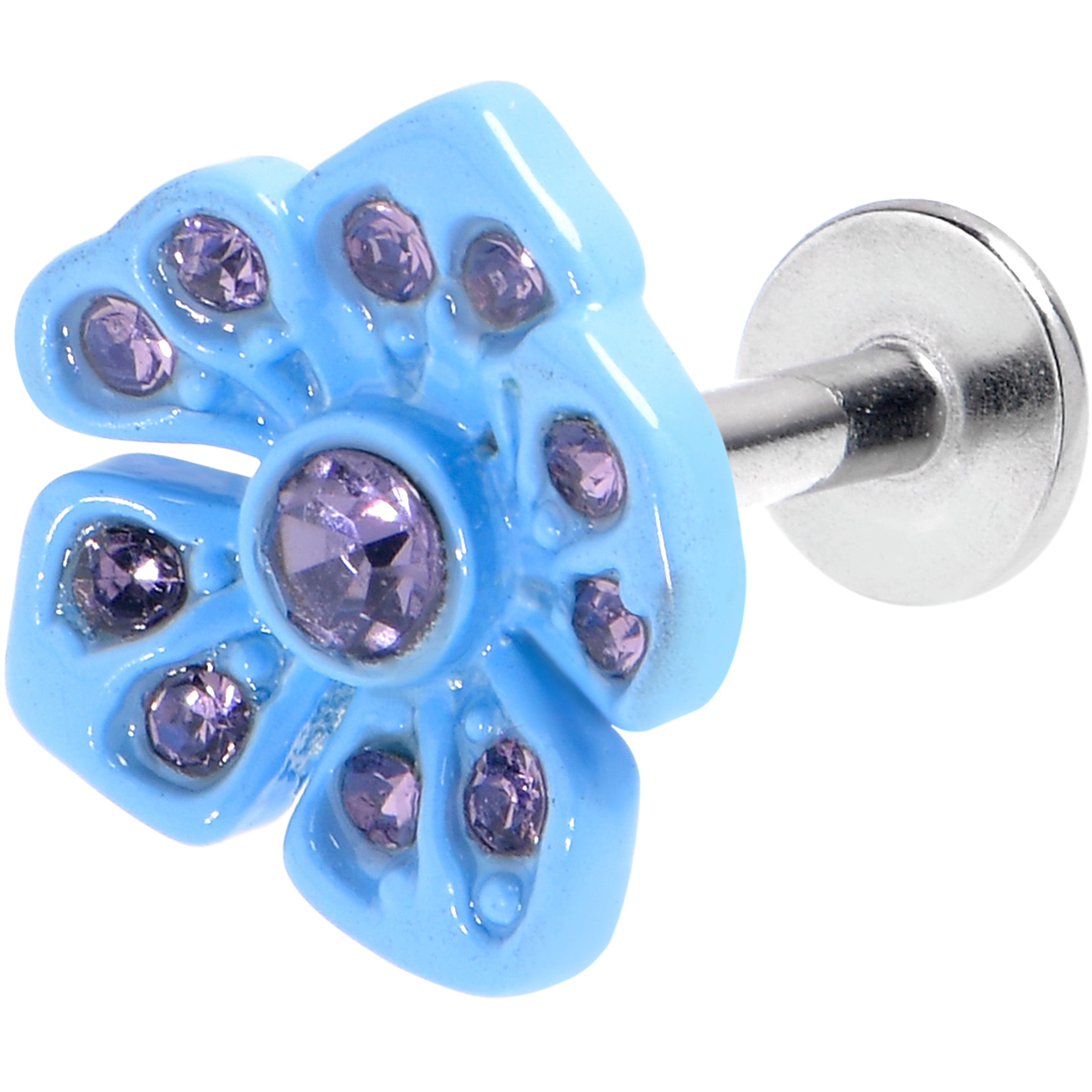 16 Gauge 1/4 Purple Gem Flower Blue Bloom Labret