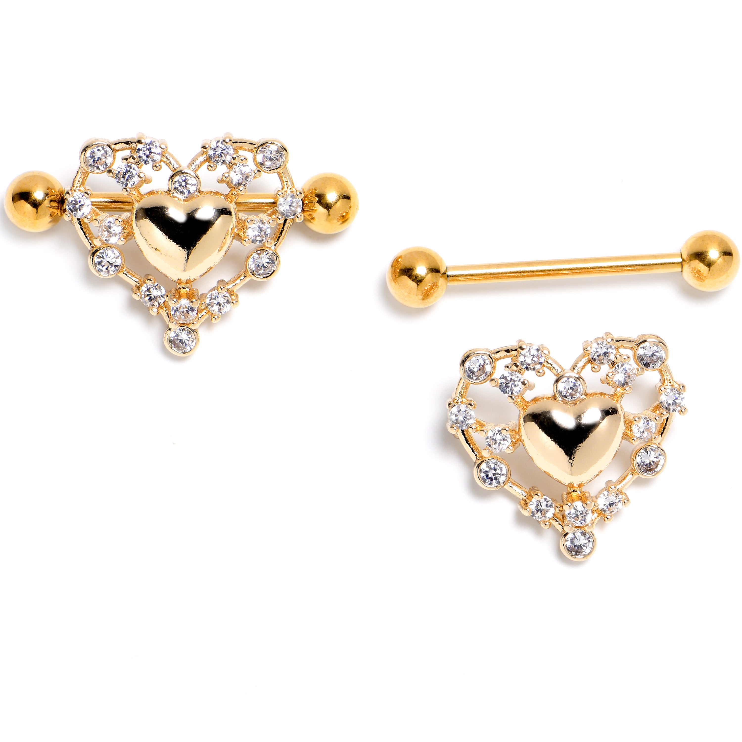 14 Gauge 9/16 Clear CZ Gem Gold Tone Heart Duo Nipple Shield Set