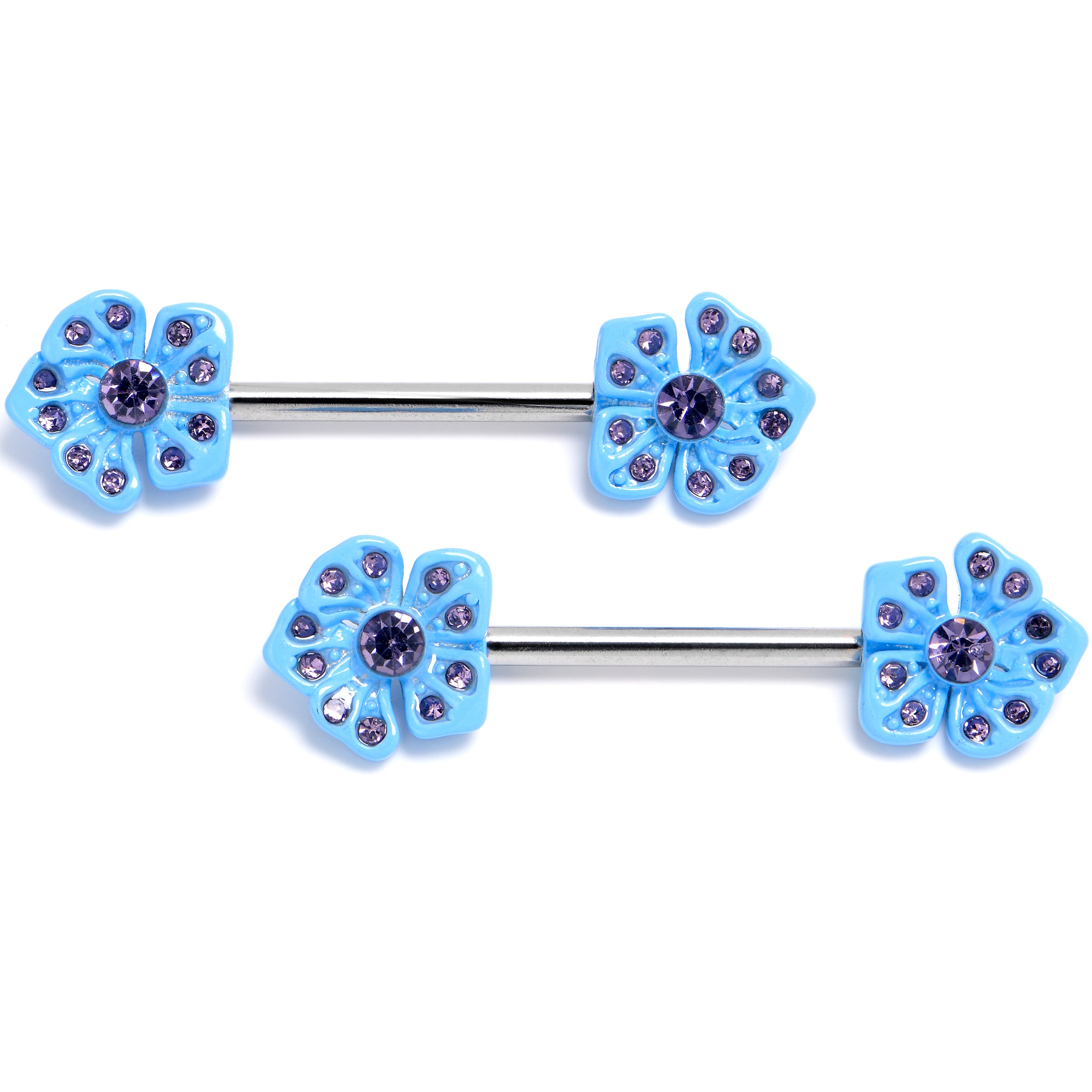 14 Gauge 9/16 Purple Gem Flower Blue Bloom Barbell Nipple Ring Set