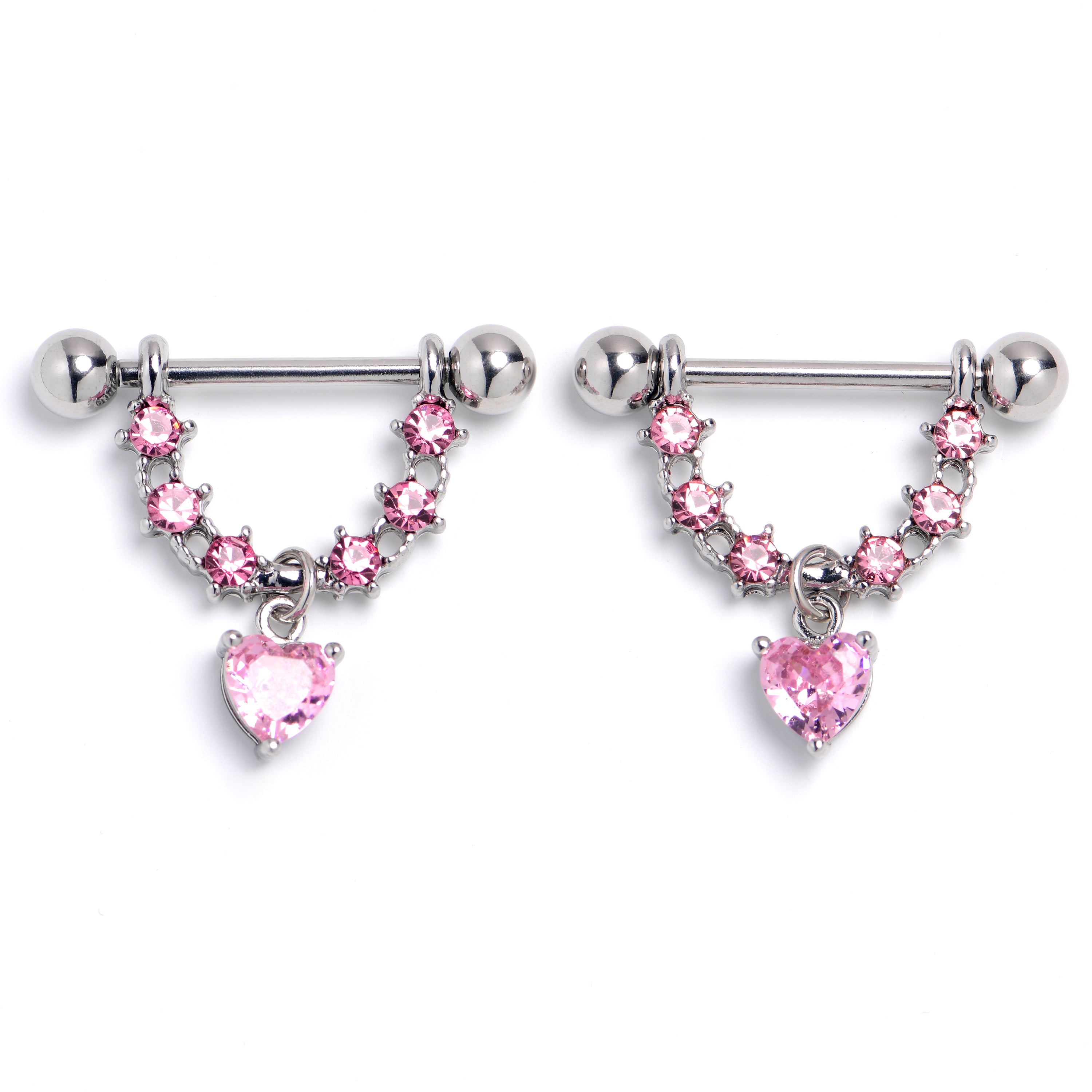 14 Gauge 9/16 Pink Gem Stars And Hearts Dangle Nipple Ring Set