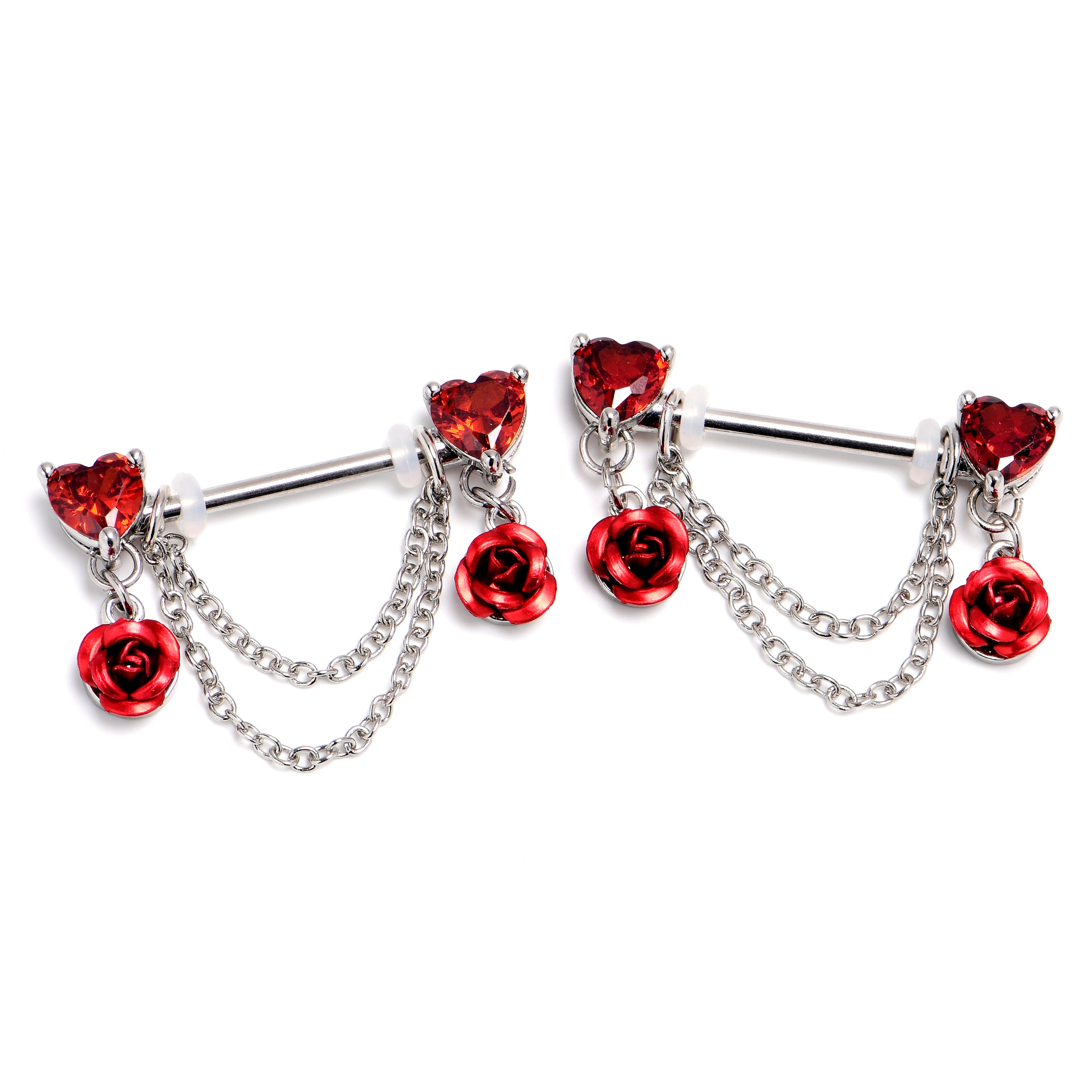 14 Gauge 9/16 Red Gem Roses And Hearts Romance Dangle Nipple Ring Set