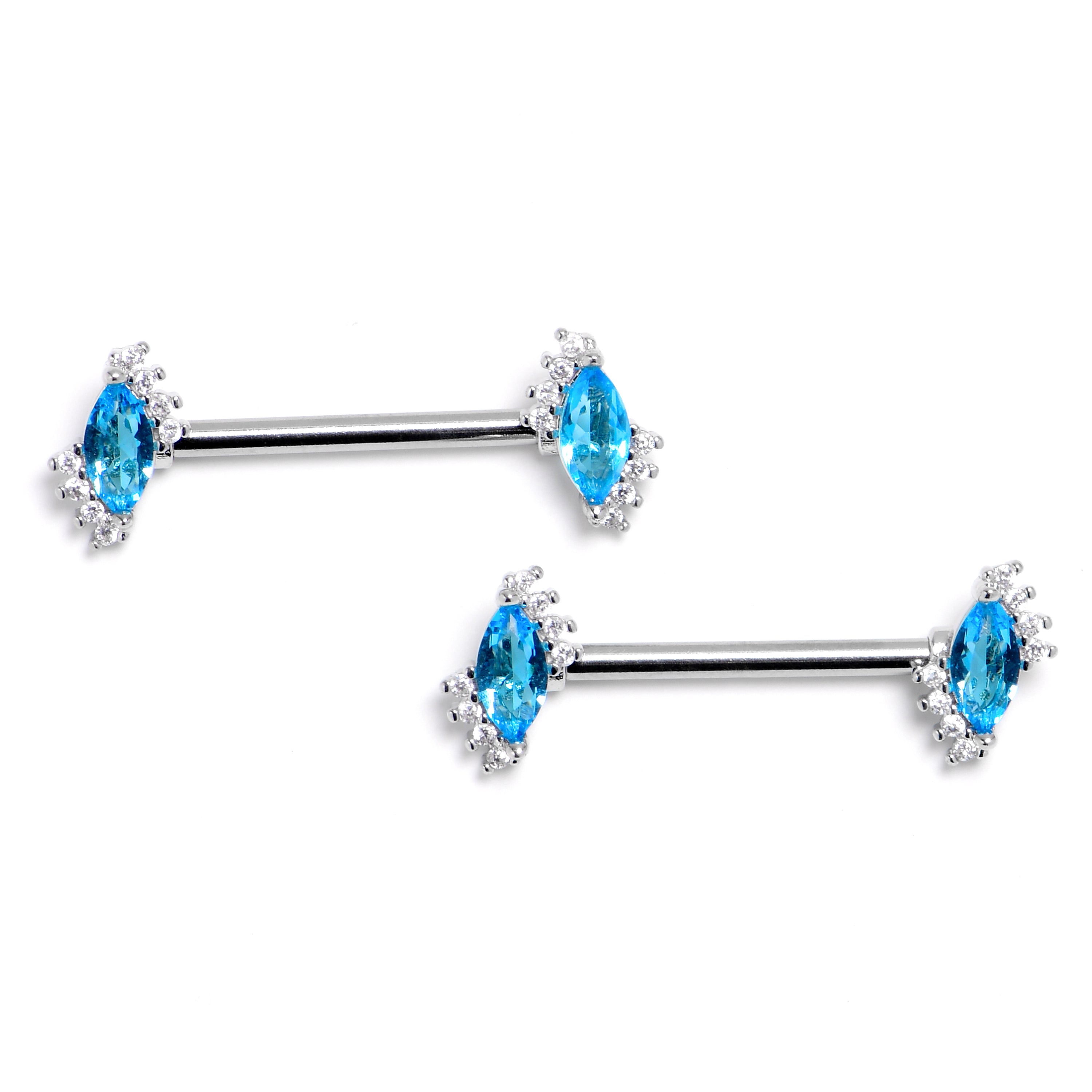 14 Gauge 9/16 Blue Gem Firey Drop Barbell Nipple Ring Set