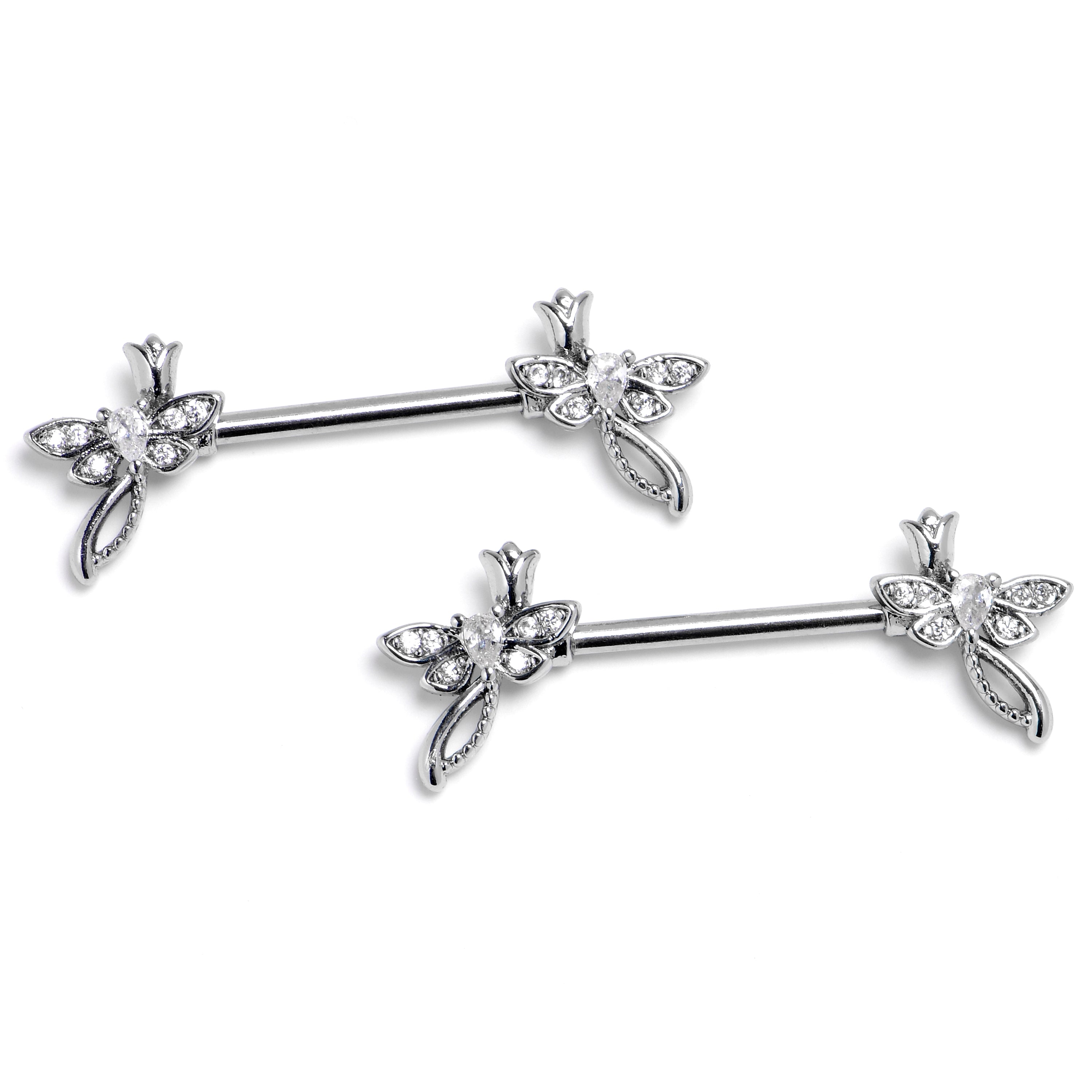 14 Gauge 9/16 Clear Gem Bold Dragonfly Barbell Nipple Ring Set