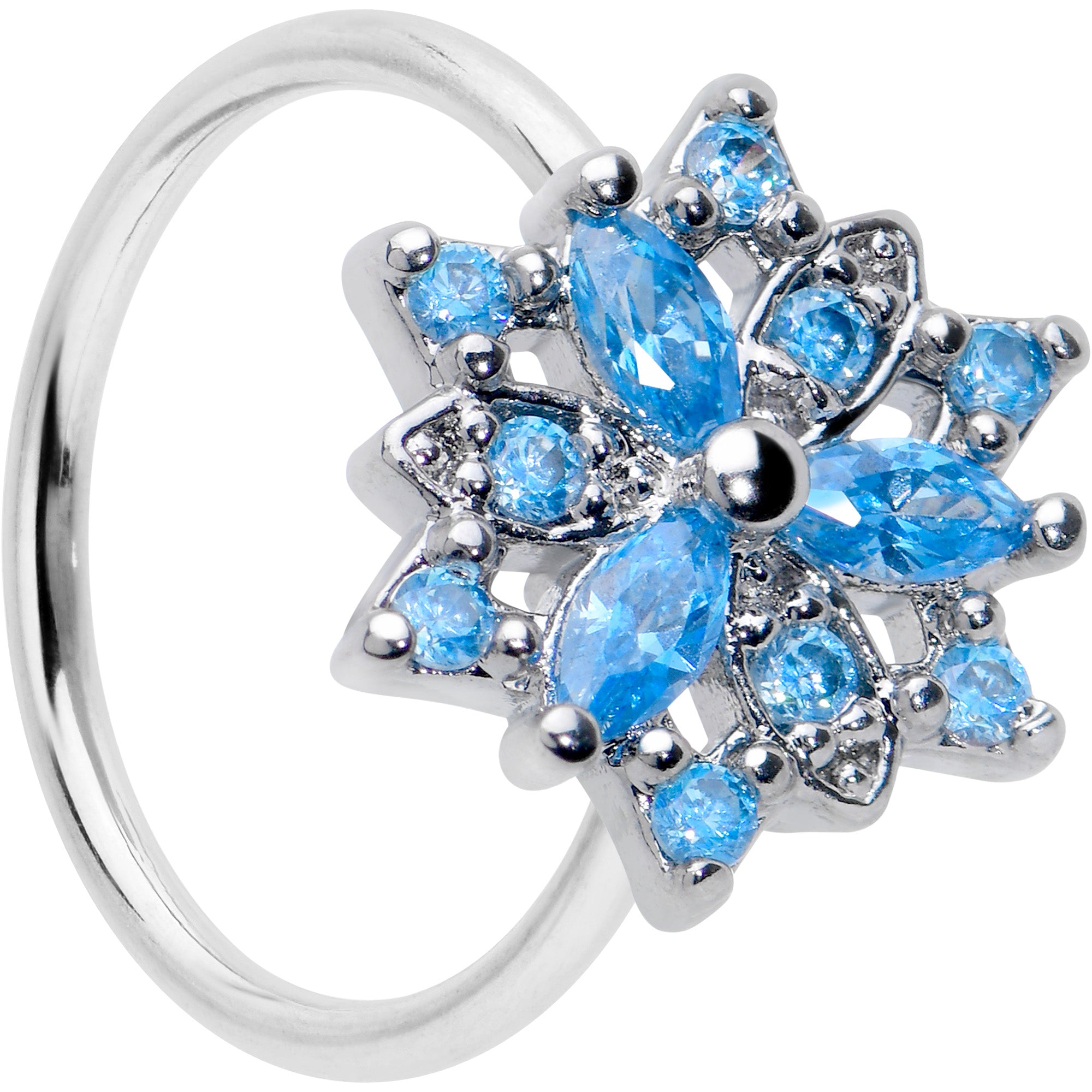 20 Gauge 5/16 Blue CZ Gem Snowflake Style Nose Hoop