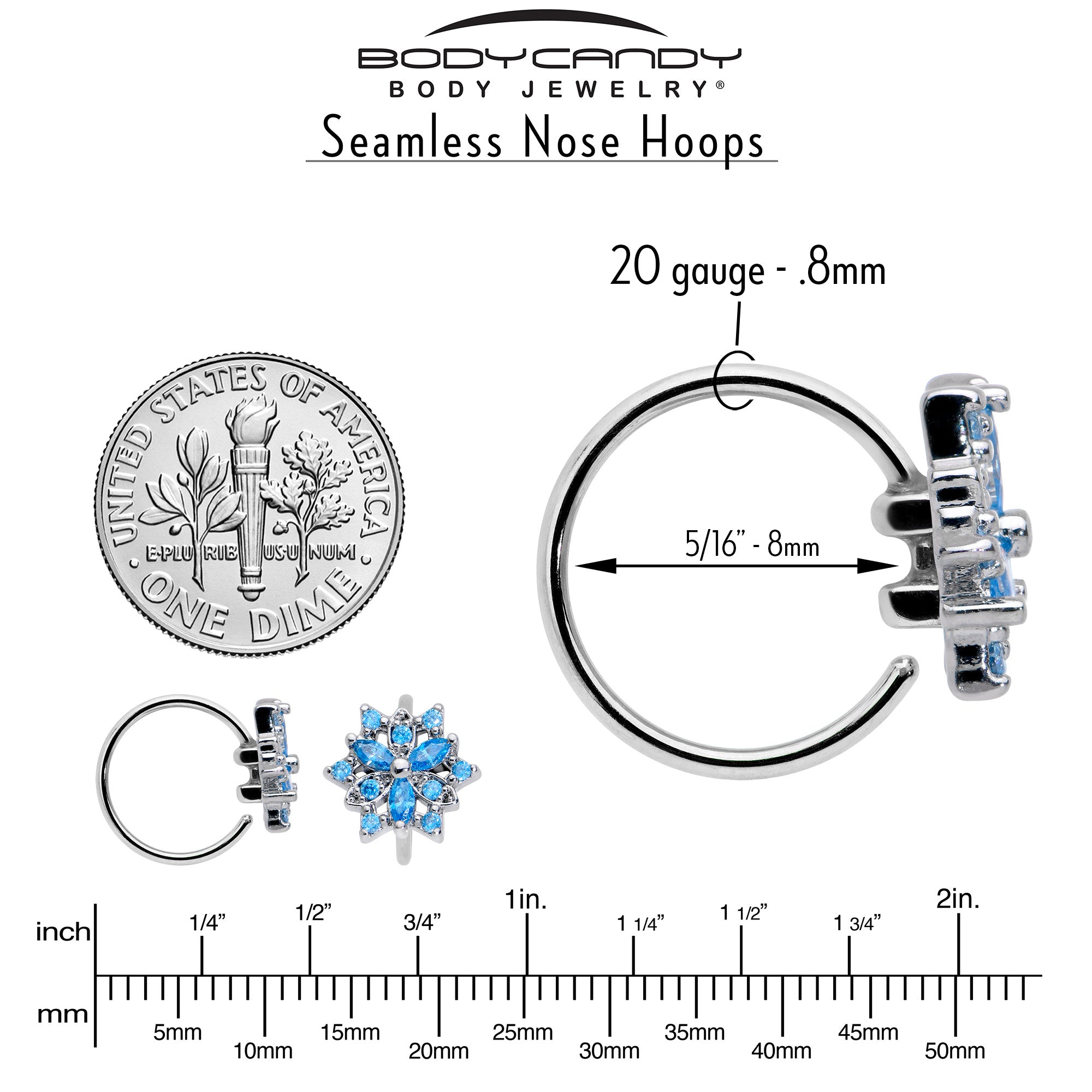 20 Gauge 5/16 Blue CZ Gem Snowflake Style Nose Hoop