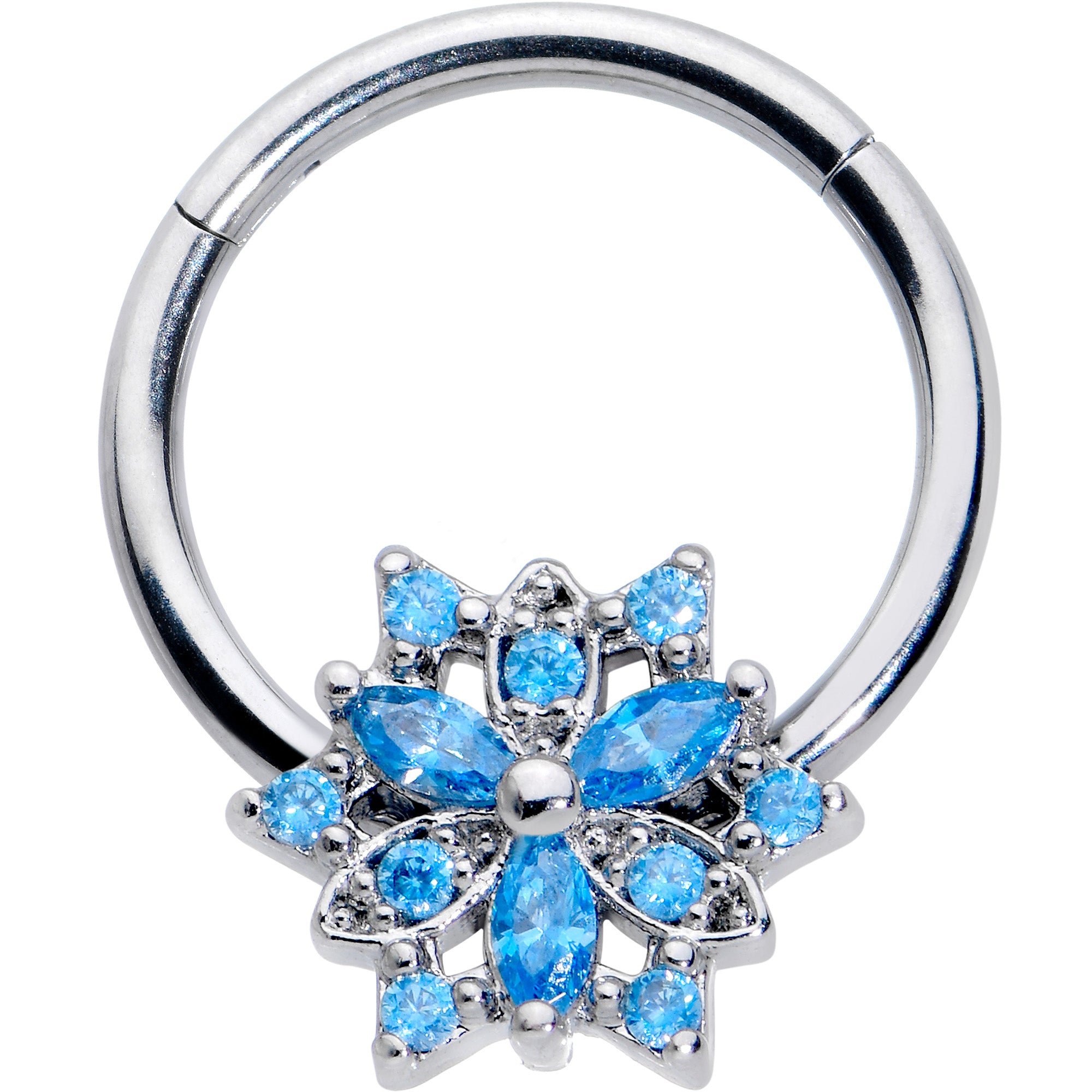 16 Gauge 3/8 Blue CZ Gem Snowflake Style Hinged Segment Ring