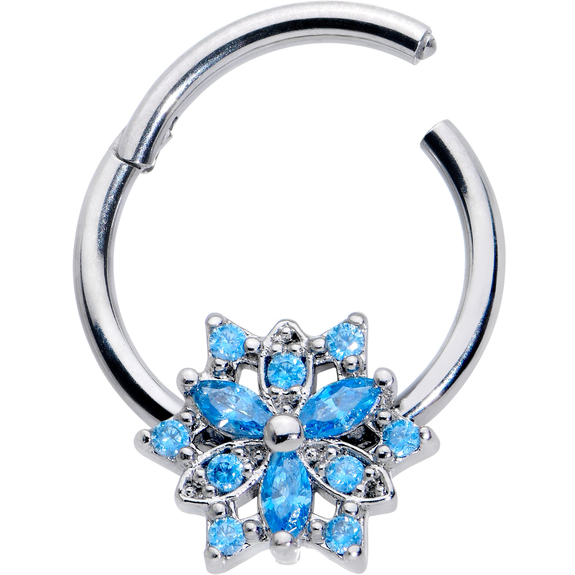 16 Gauge 3/8 Blue CZ Gem Snowflake Style Hinged Segment Ring