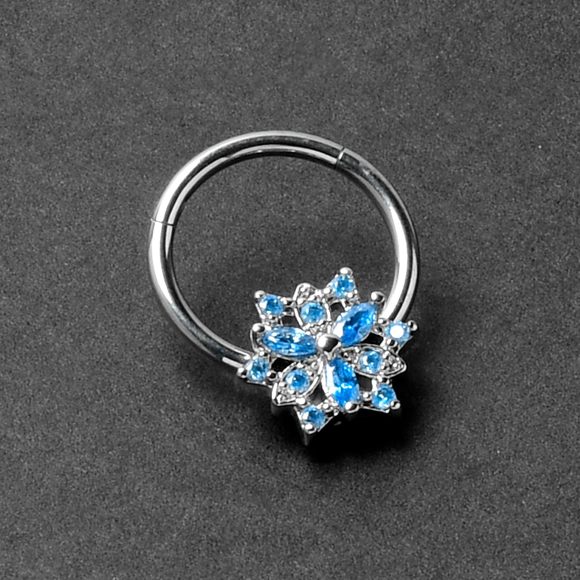 16 Gauge 3/8 Blue CZ Gem Snowflake Style Hinged Segment Ring