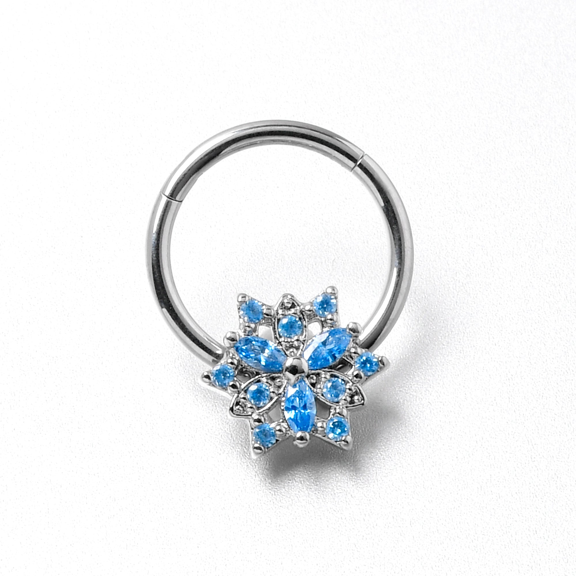 16 Gauge 3/8 Blue CZ Gem Snowflake Style Hinged Segment Ring