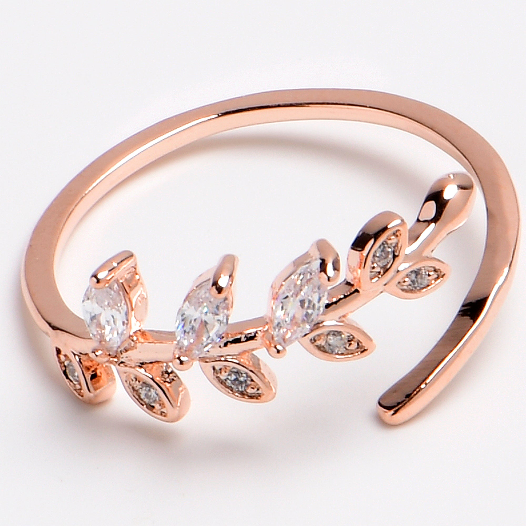 Midi Ring Clear CZ Gem Leaves And Branch Rosy Toe Ring