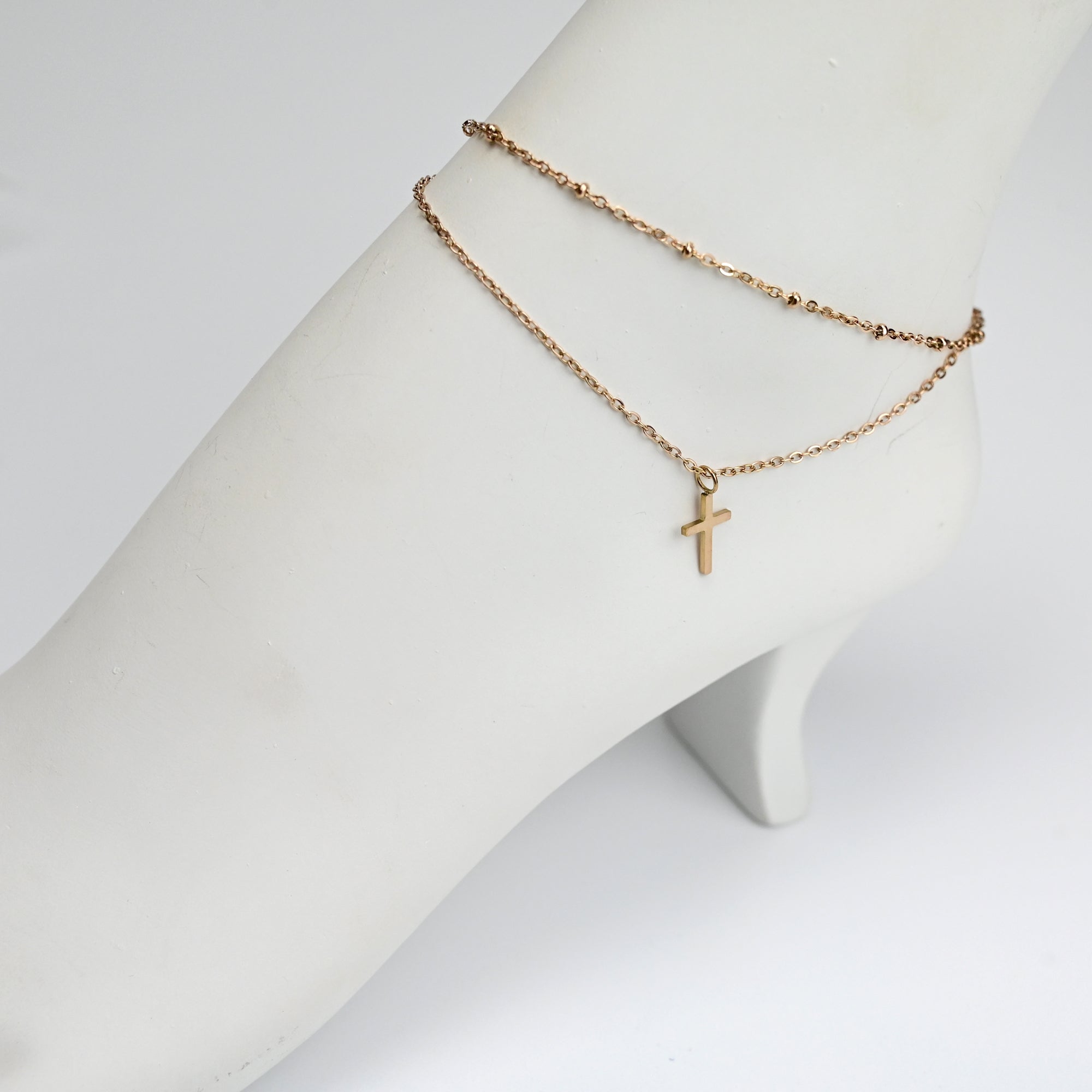 Rose Gold Tone Cross Dangle Double Wrap Stainless Steel Ankle Bracelet