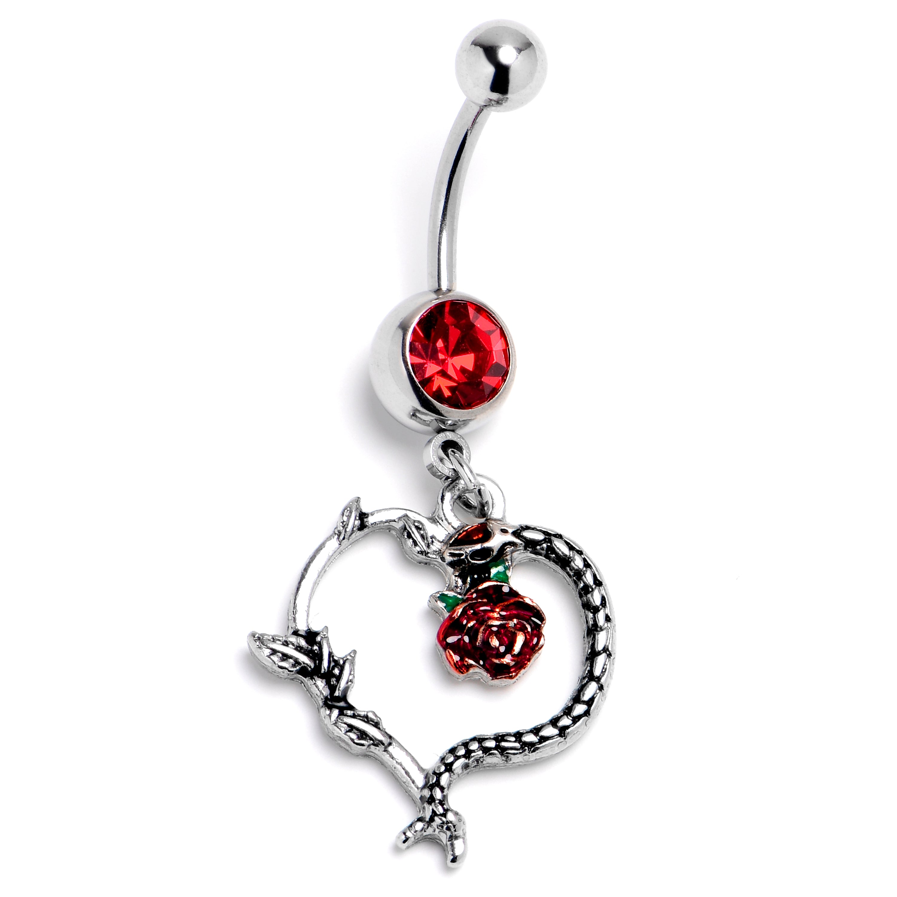 Red Gem Snake Heart Flower Dangle Belly Ring