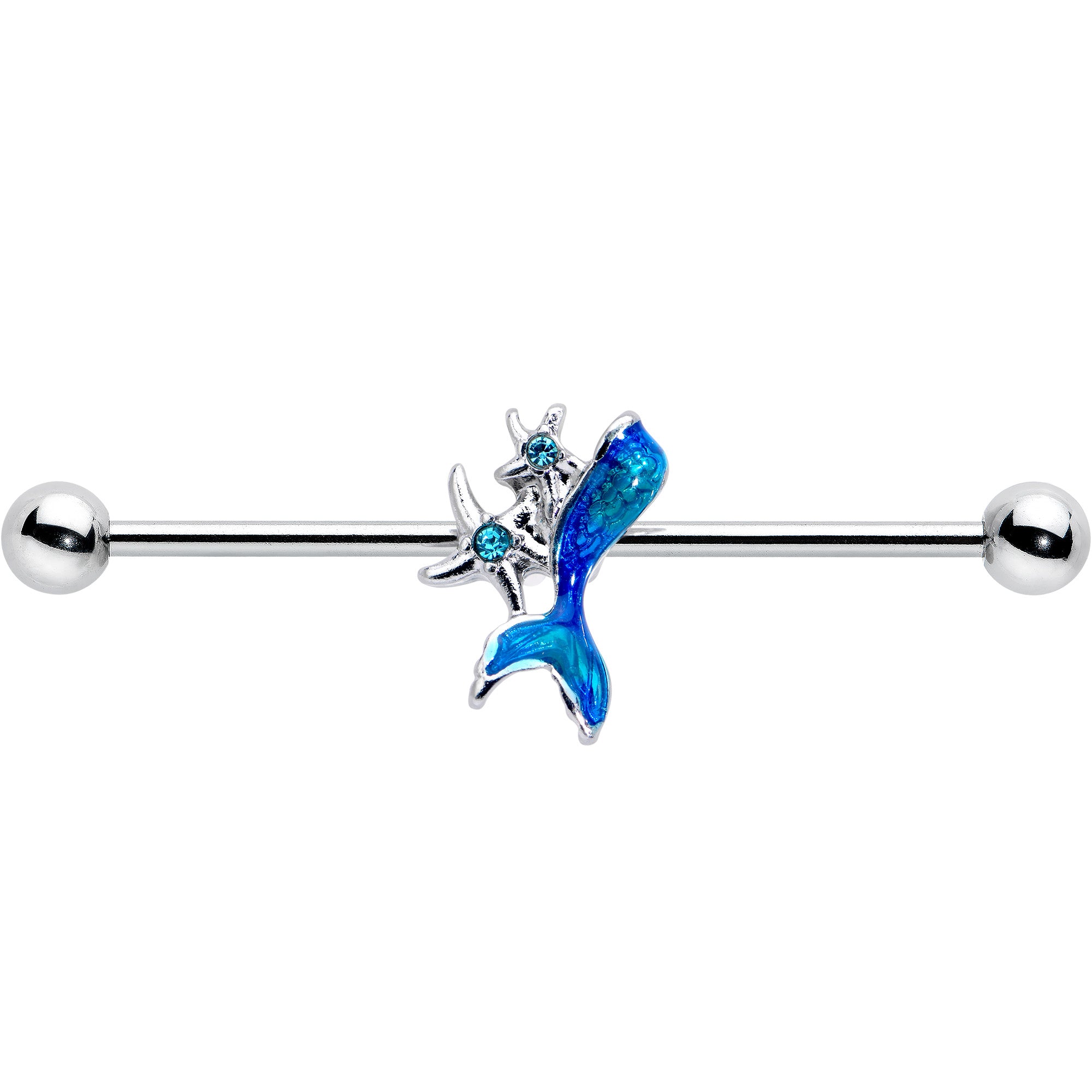 14 Gauge Blue Gem Blue Mermaid Tail Star Industrial Barbell 38mm