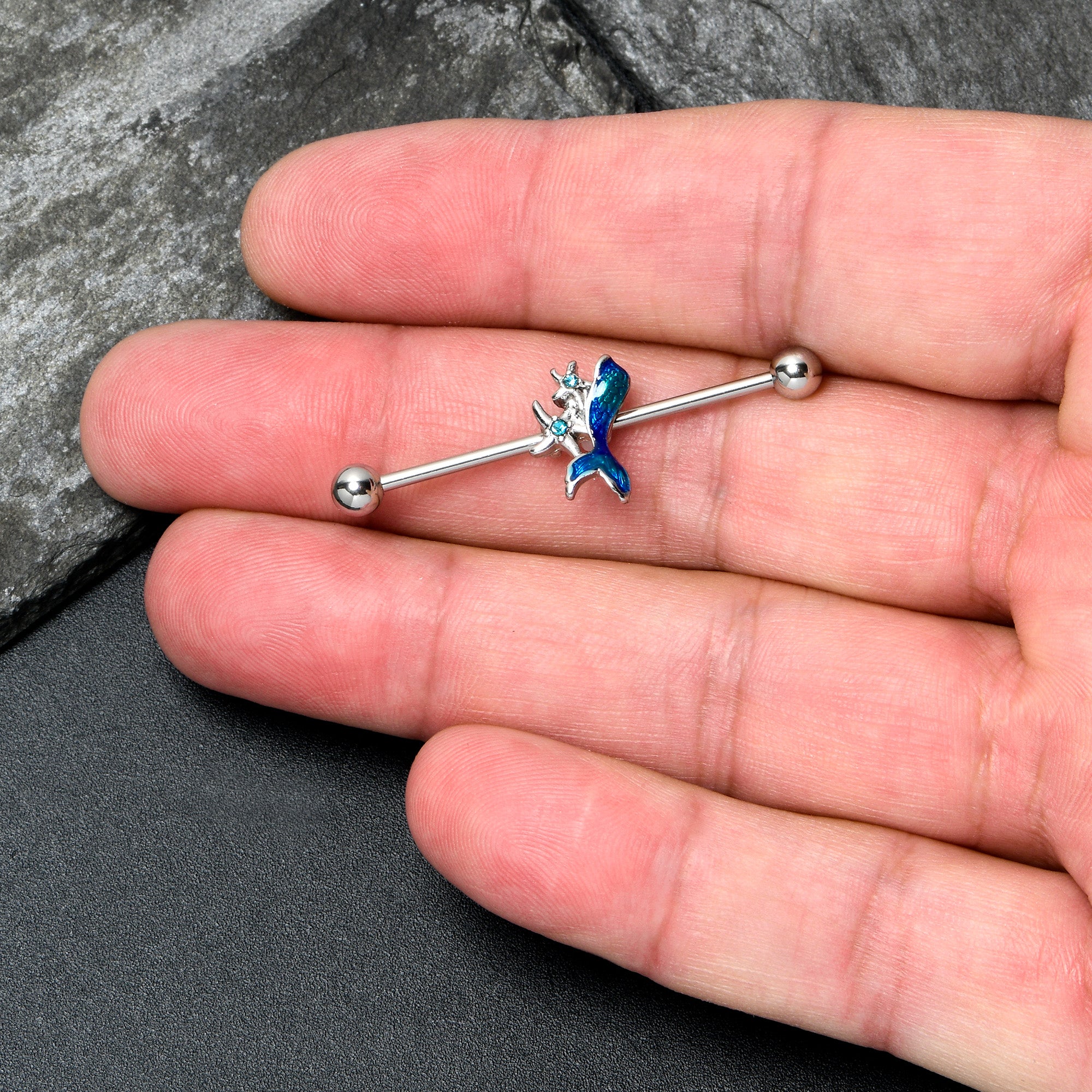 14 Gauge Blue Gem Blue Mermaid Tail Star Industrial Barbell 38mm