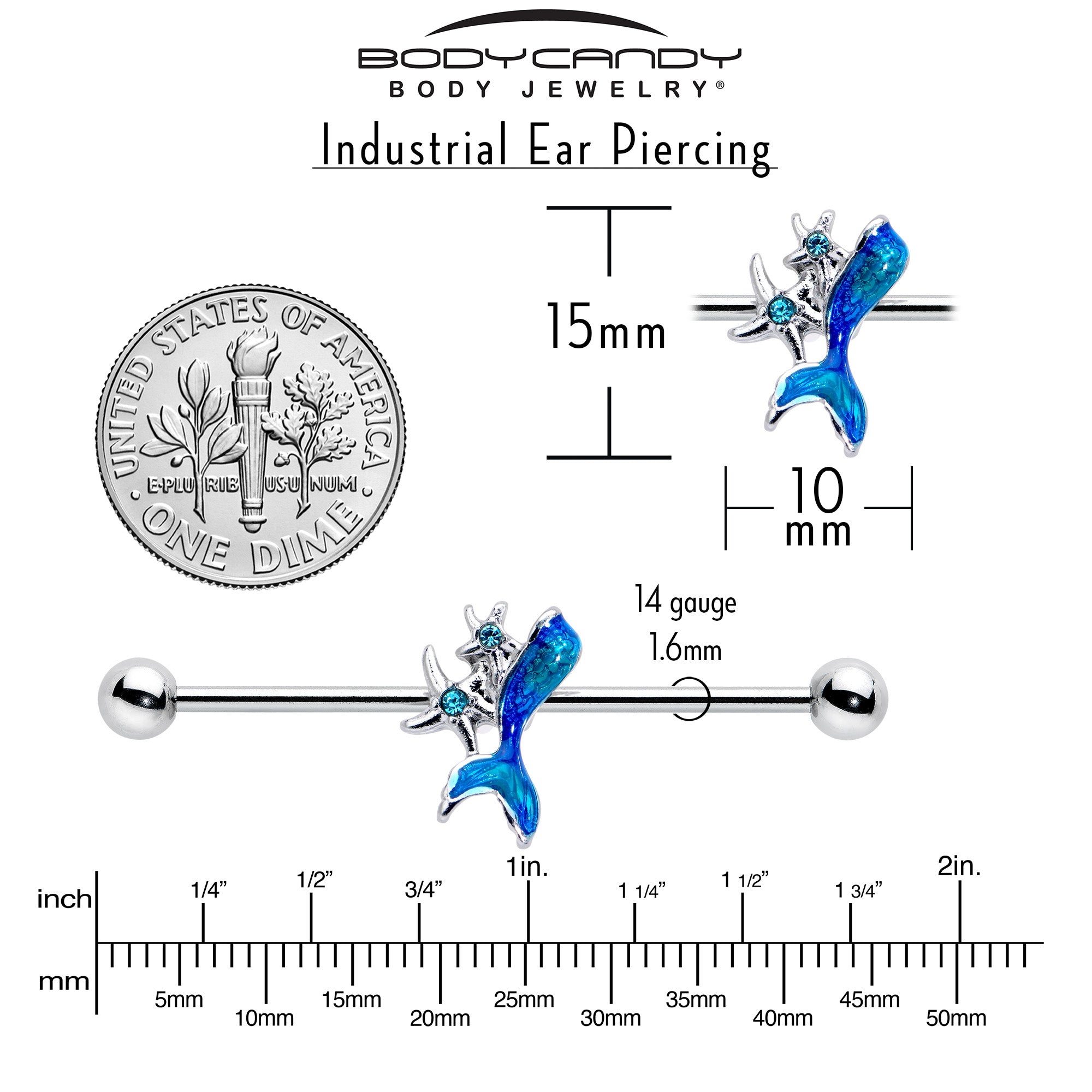 14 Gauge Blue Gem Blue Mermaid Tail Star Industrial Barbell 38mm