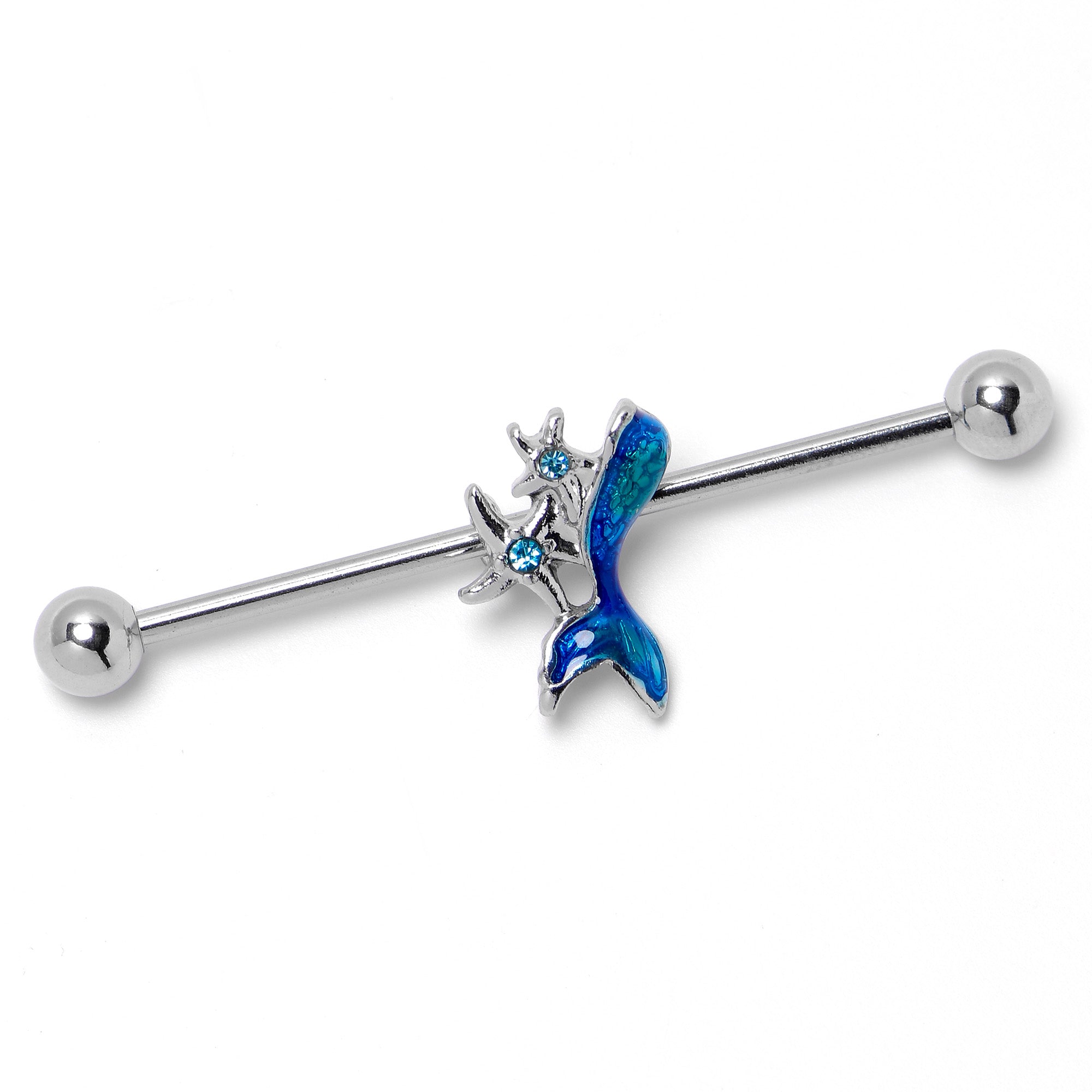 14 Gauge Blue Gem Blue Mermaid Tail Star Industrial Barbell 38mm