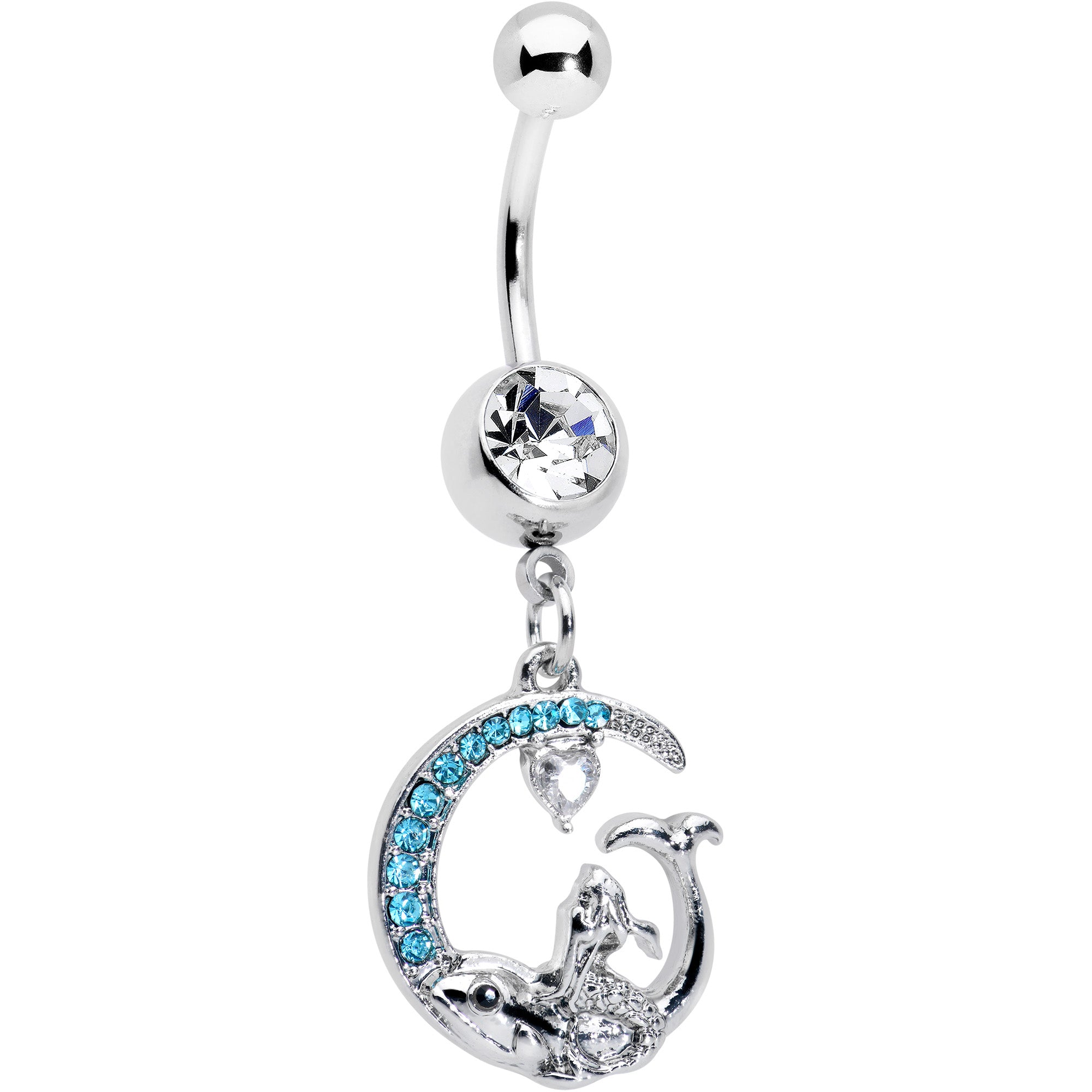 Clear Blue Gem Mermaid Whale Rider Moon Dangle Belly Ring