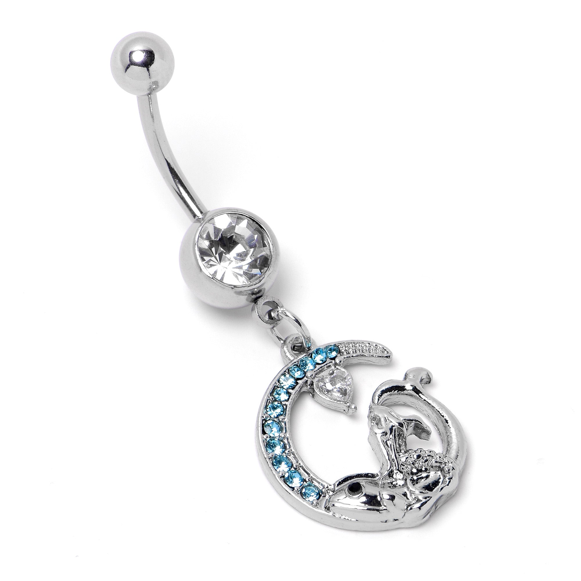 Clear Blue Gem Mermaid Whale Rider Moon Dangle Belly Ring