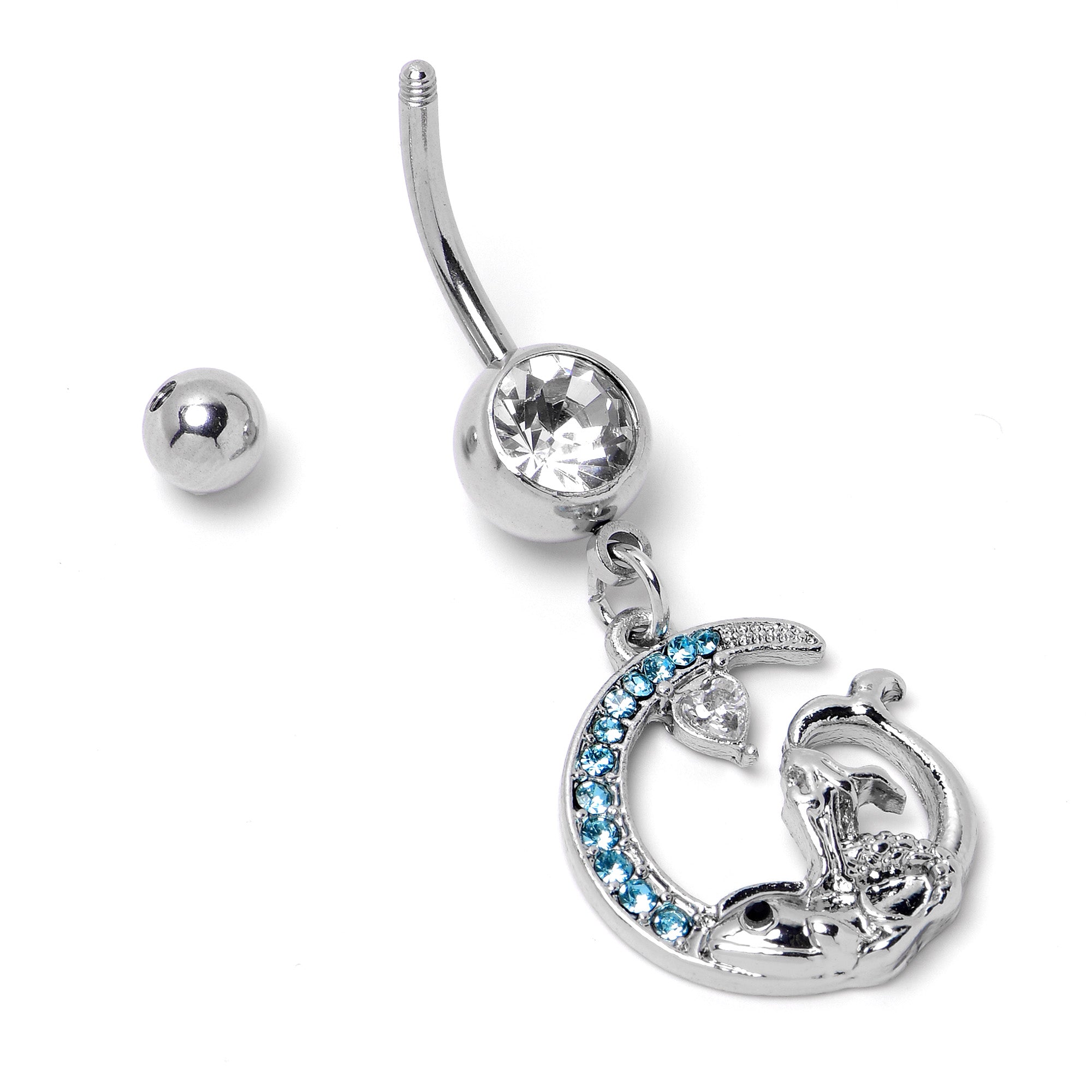 Clear Blue Gem Mermaid Whale Rider Moon Dangle Belly Ring