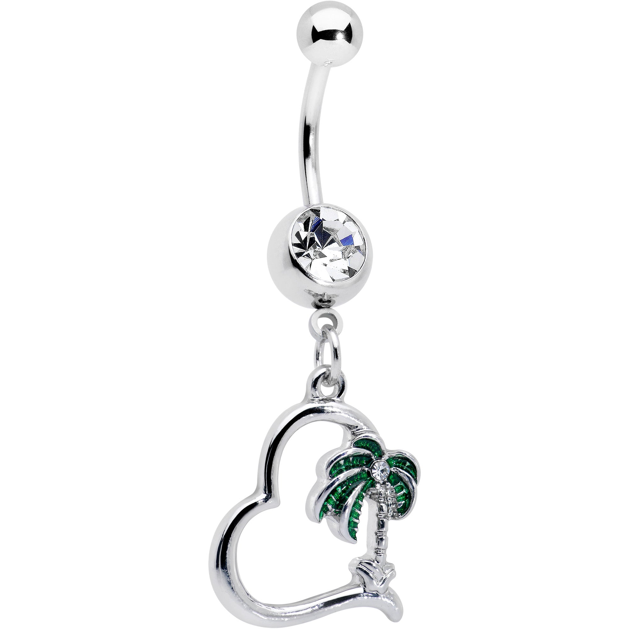 Clear Gem Palm Tree Love Heart Dangle Belly Ring