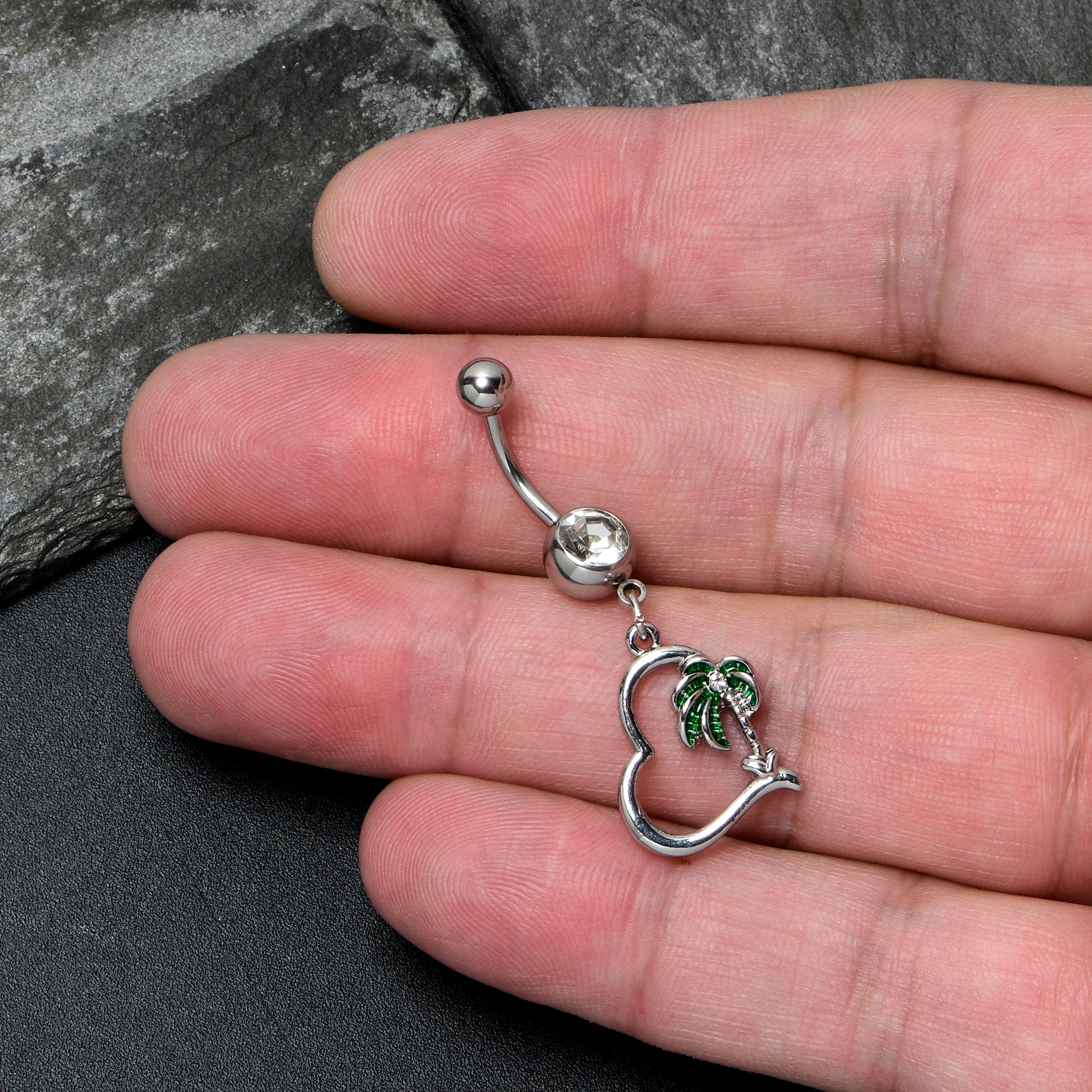 Clear Gem Palm Tree Love Heart Dangle Belly Ring