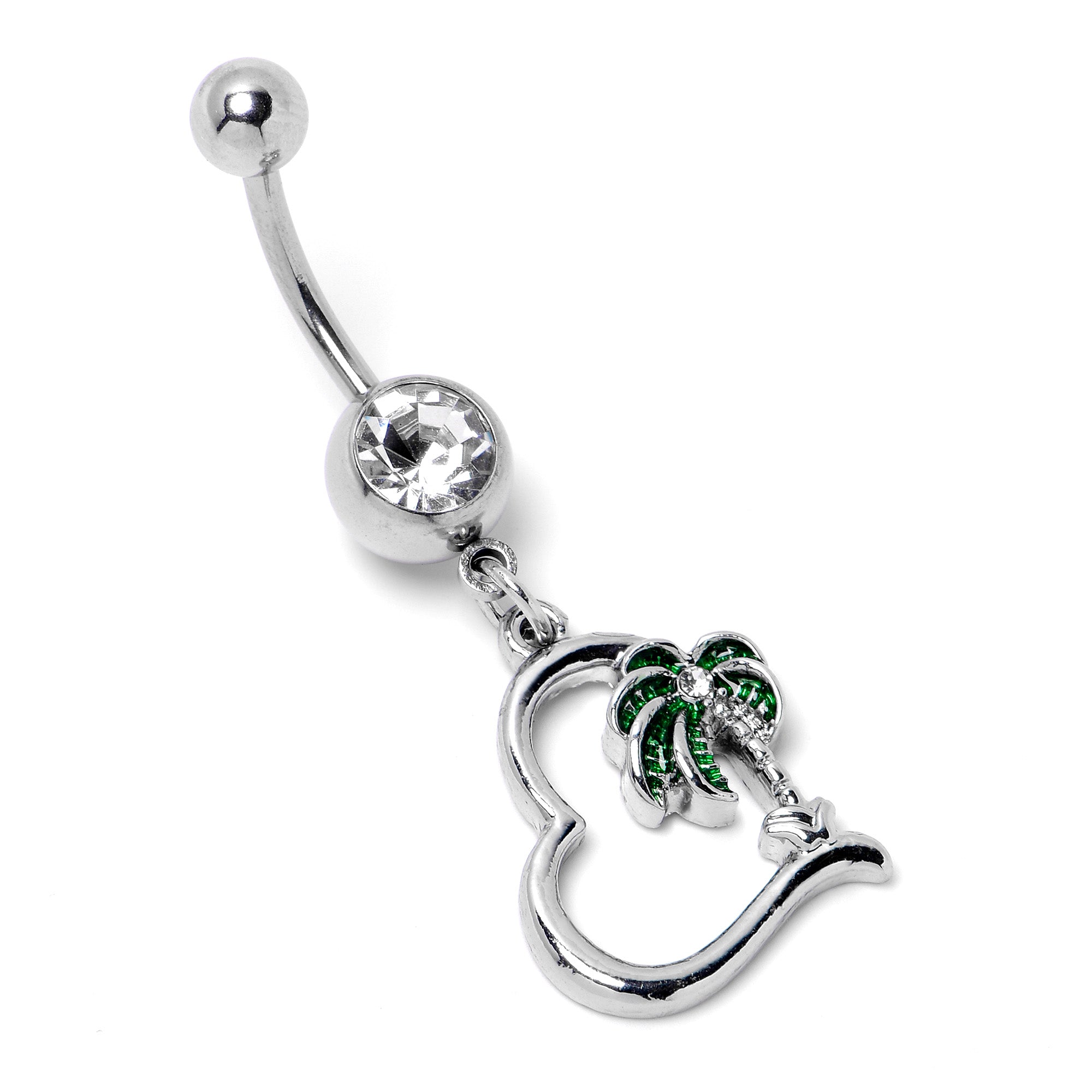 Clear Gem Palm Tree Love Heart Dangle Belly Ring