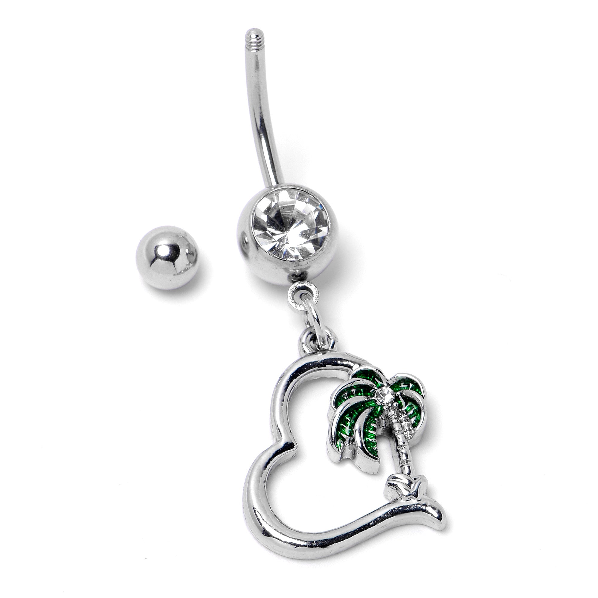 Clear Gem Palm Tree Love Heart Dangle Belly Ring