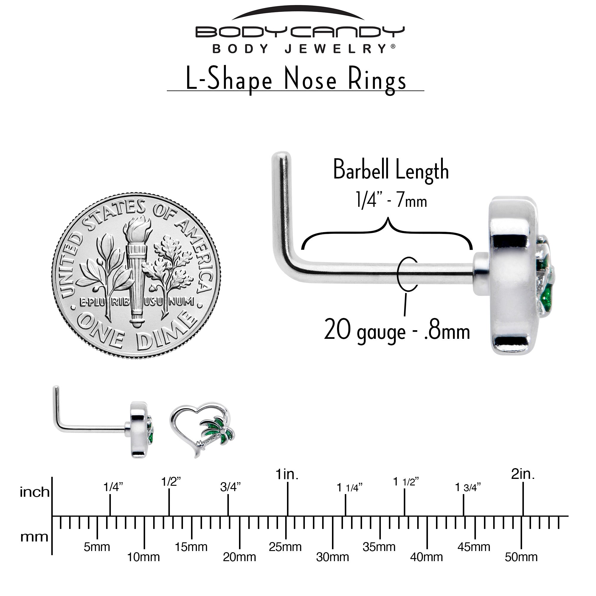 20 Gauge 1/4 Palm Tree Love Heart L Shape Nose Ring