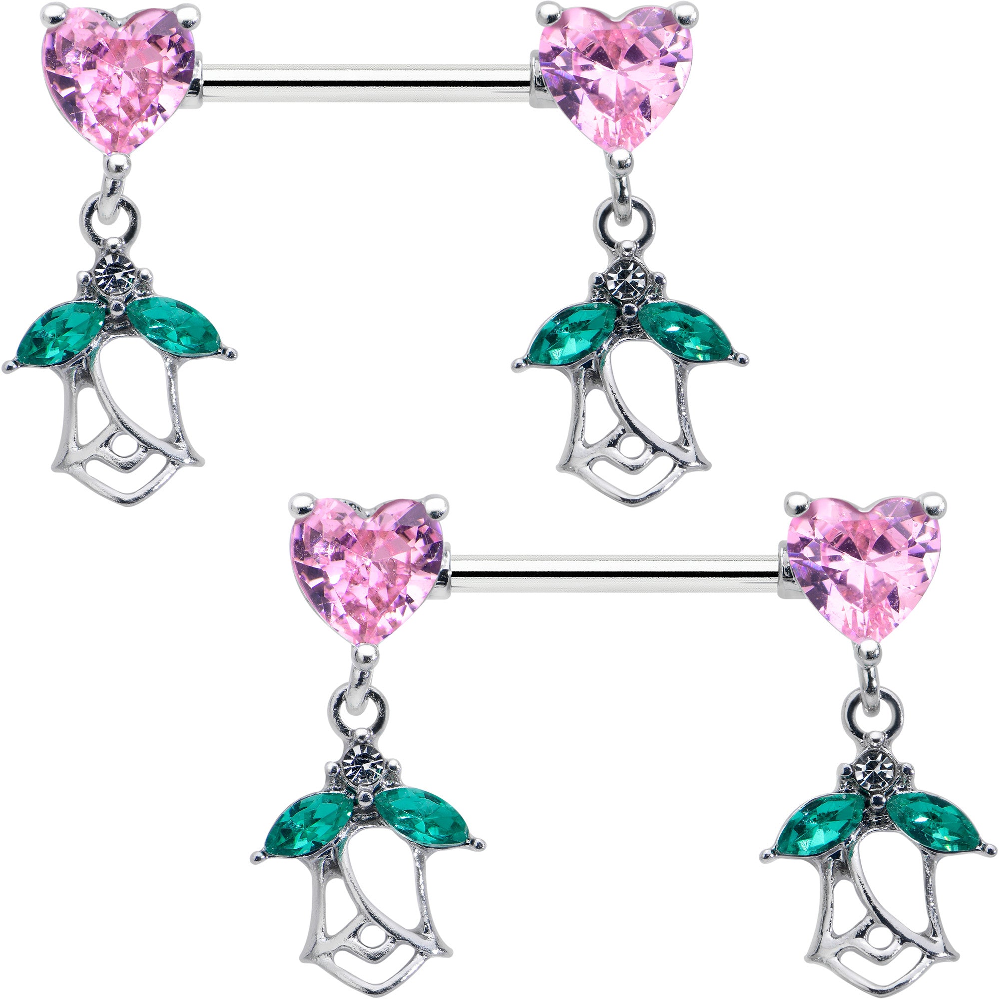 14 Gauge 9/16 Pink CZ Gem Hearts And Roses Dangle Nipple Ring Set