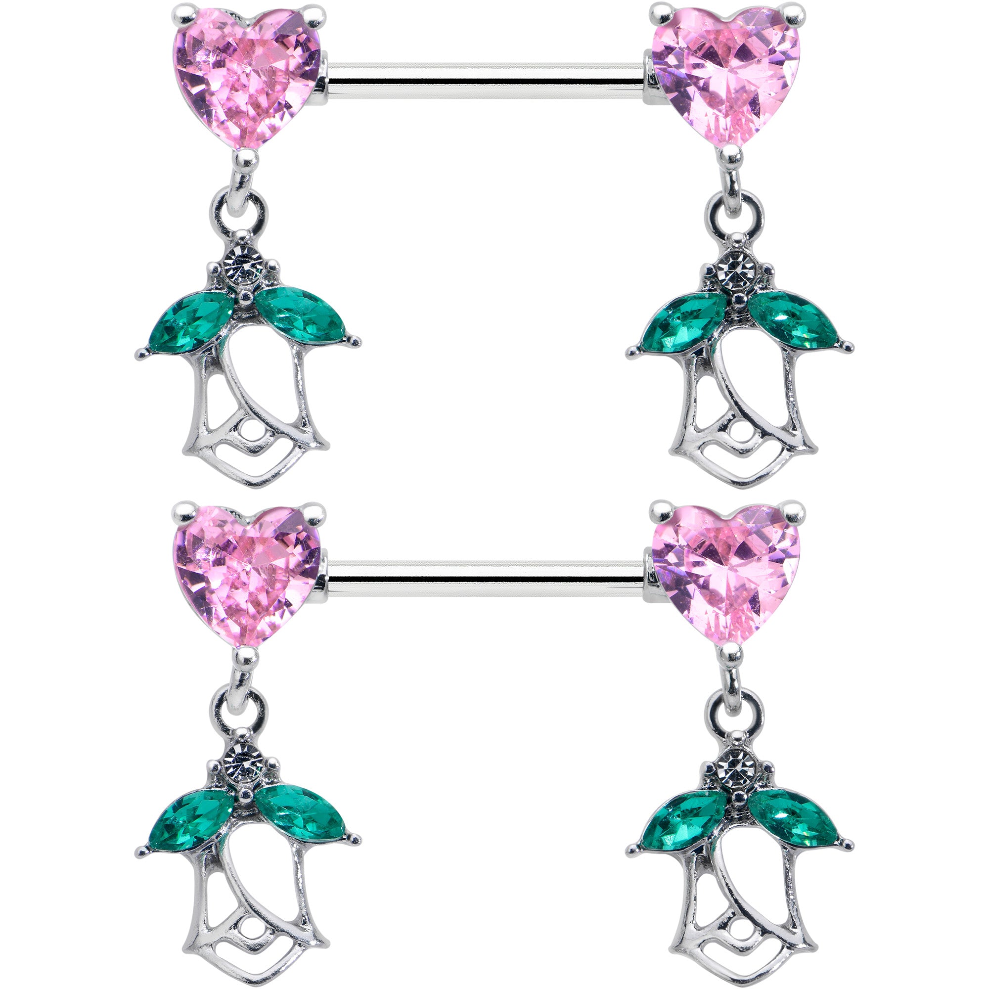 14 Gauge 9/16 Pink CZ Gem Hearts And Roses Dangle Nipple Ring Set