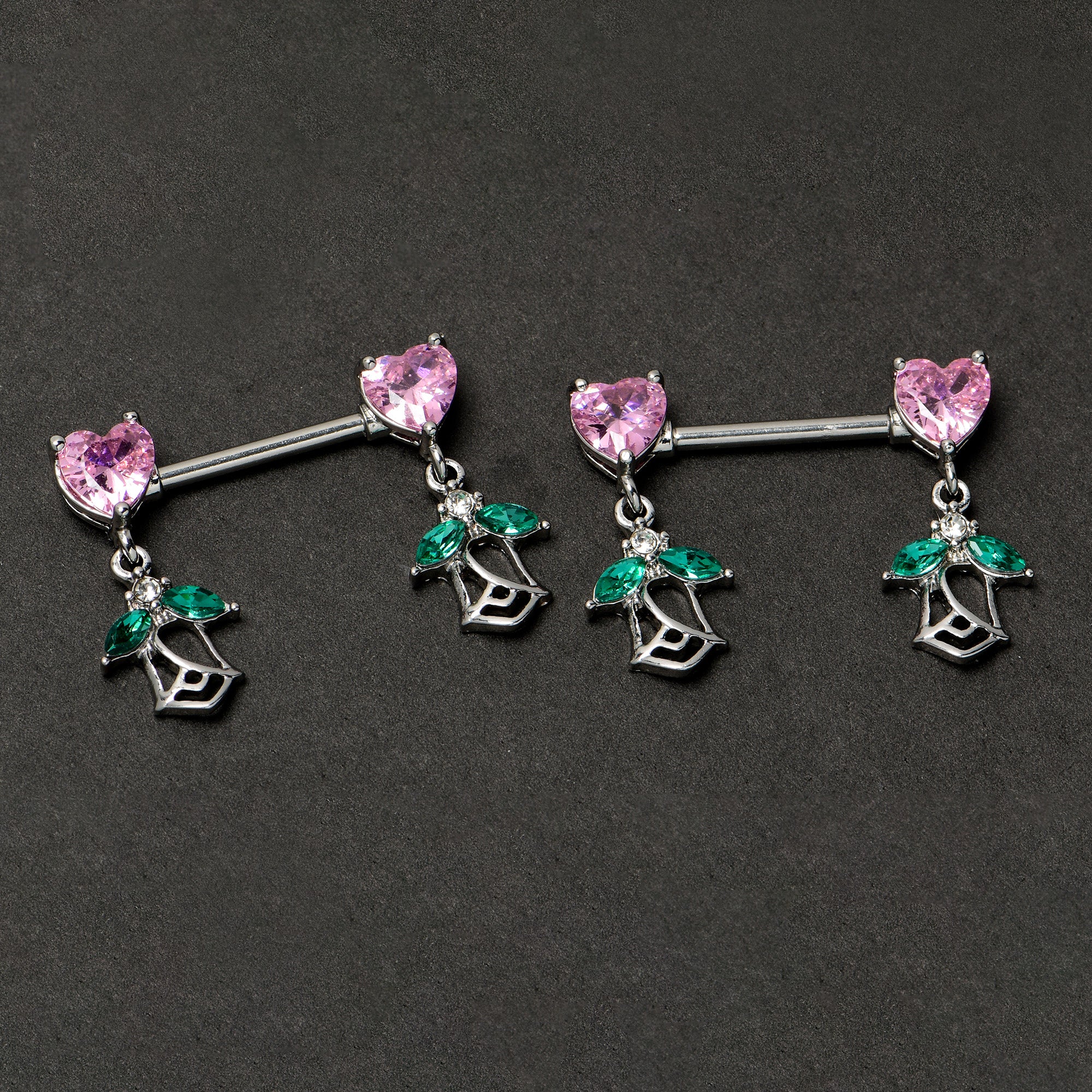 14 Gauge 9/16 Pink CZ Gem Hearts And Roses Dangle Nipple Ring Set