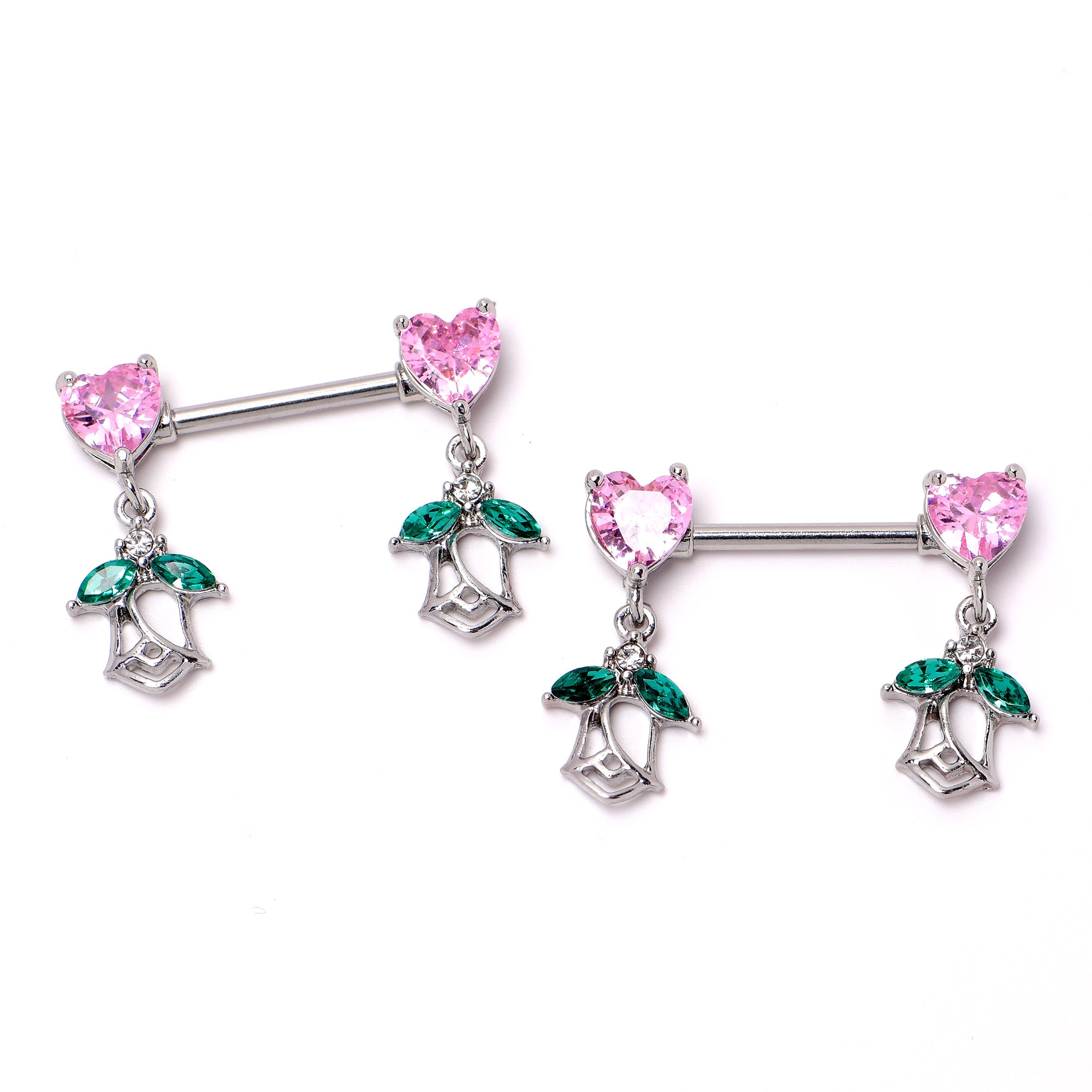 14 Gauge 9/16 Pink CZ Gem Hearts And Roses Dangle Nipple Ring Set