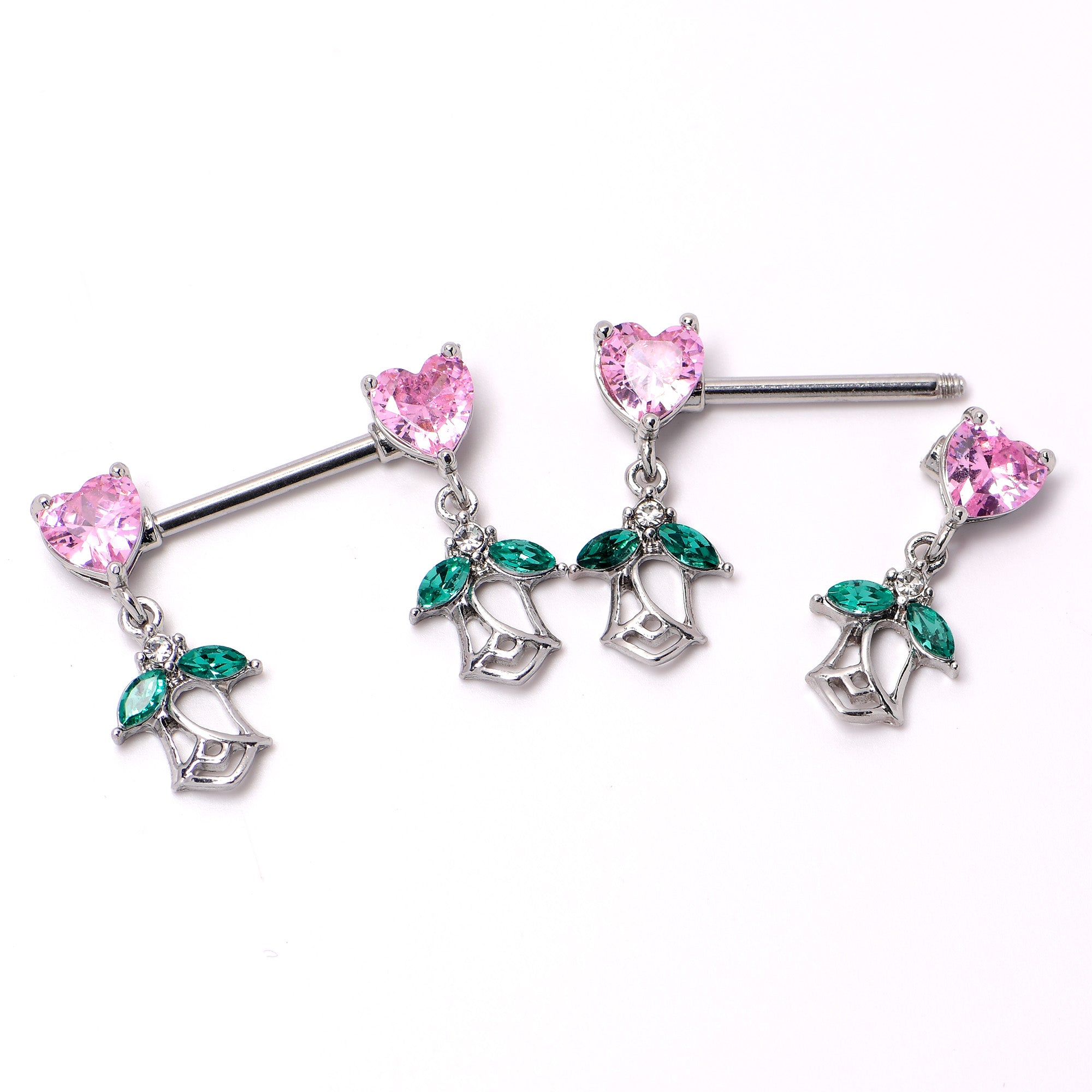 14 Gauge 9/16 Pink CZ Gem Hearts And Roses Dangle Nipple Ring Set