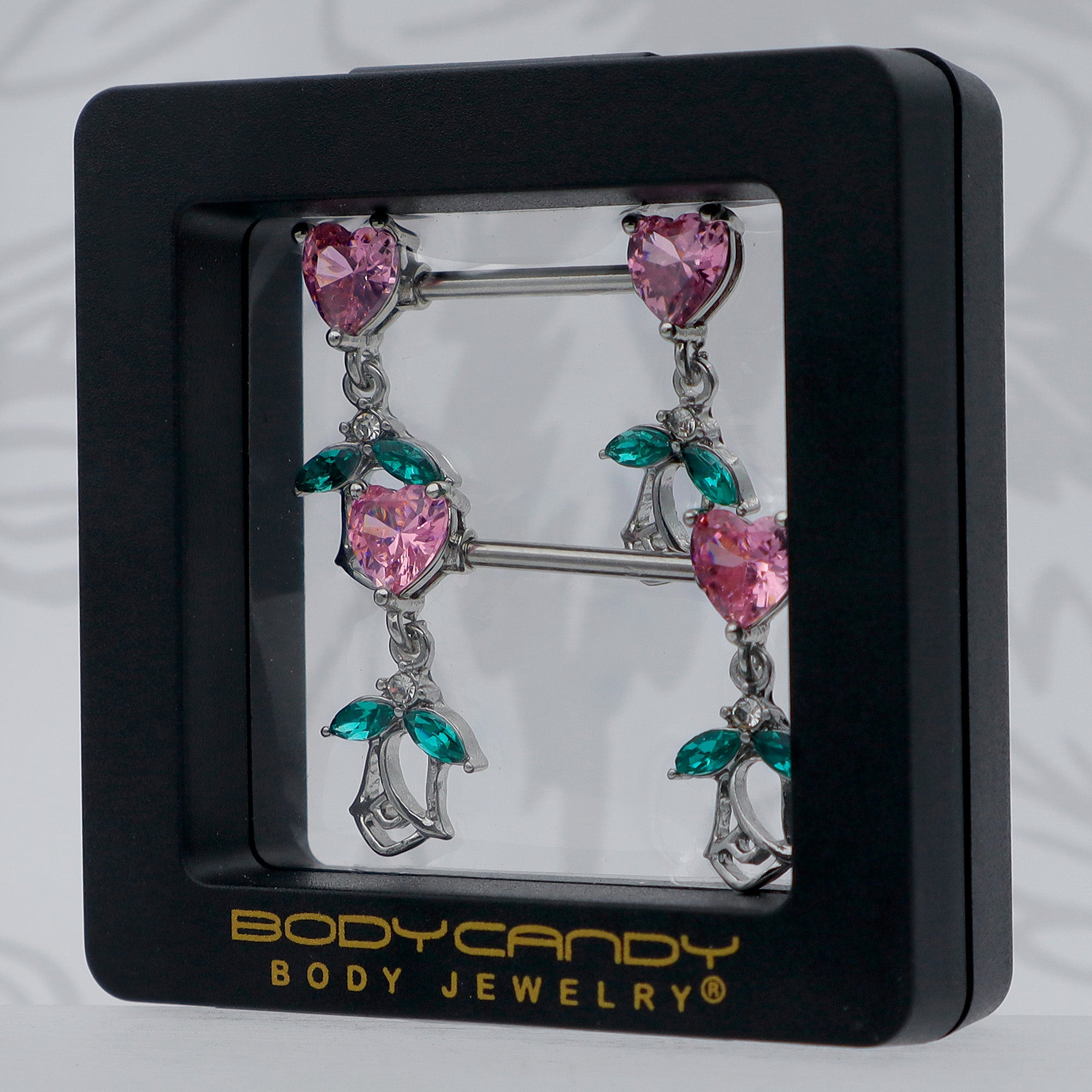 14 Gauge 9/16 Pink CZ Gem Hearts And Roses Dangle Nipple Ring Set