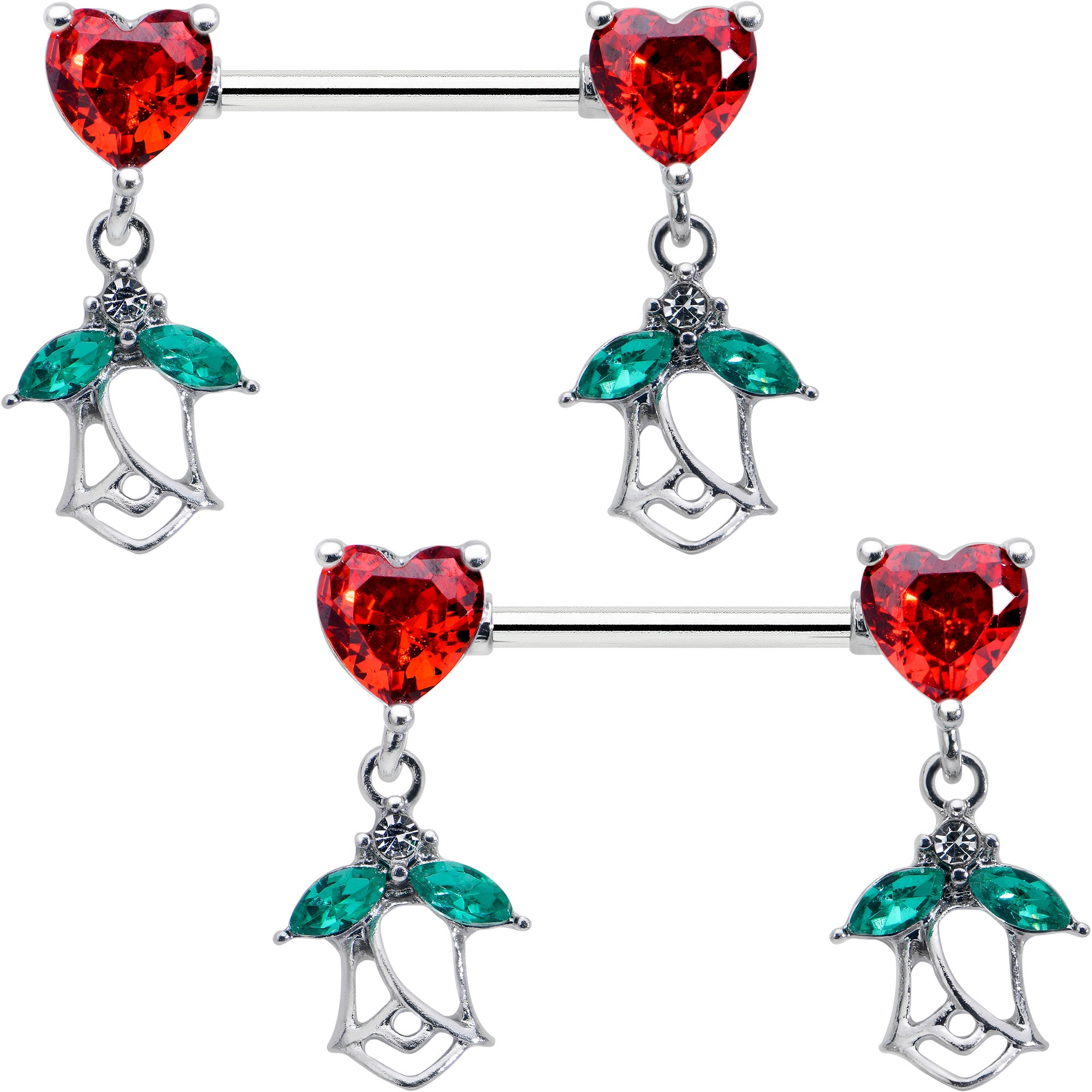 14 Gauge 9/16 Red CZ Gem Hearts And Roses Dangle Nipple Ring Set