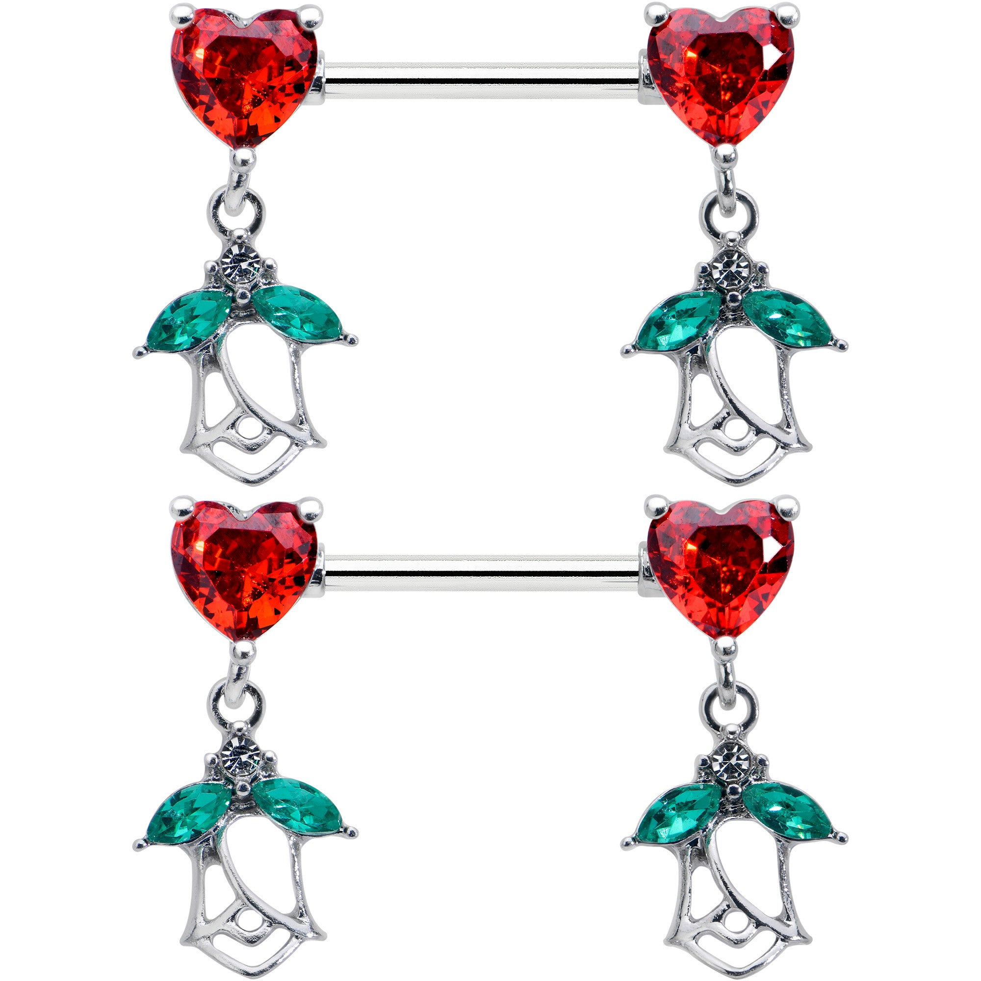 14 Gauge 9/16 Red CZ Gem Hearts And Roses Dangle Nipple Ring Set