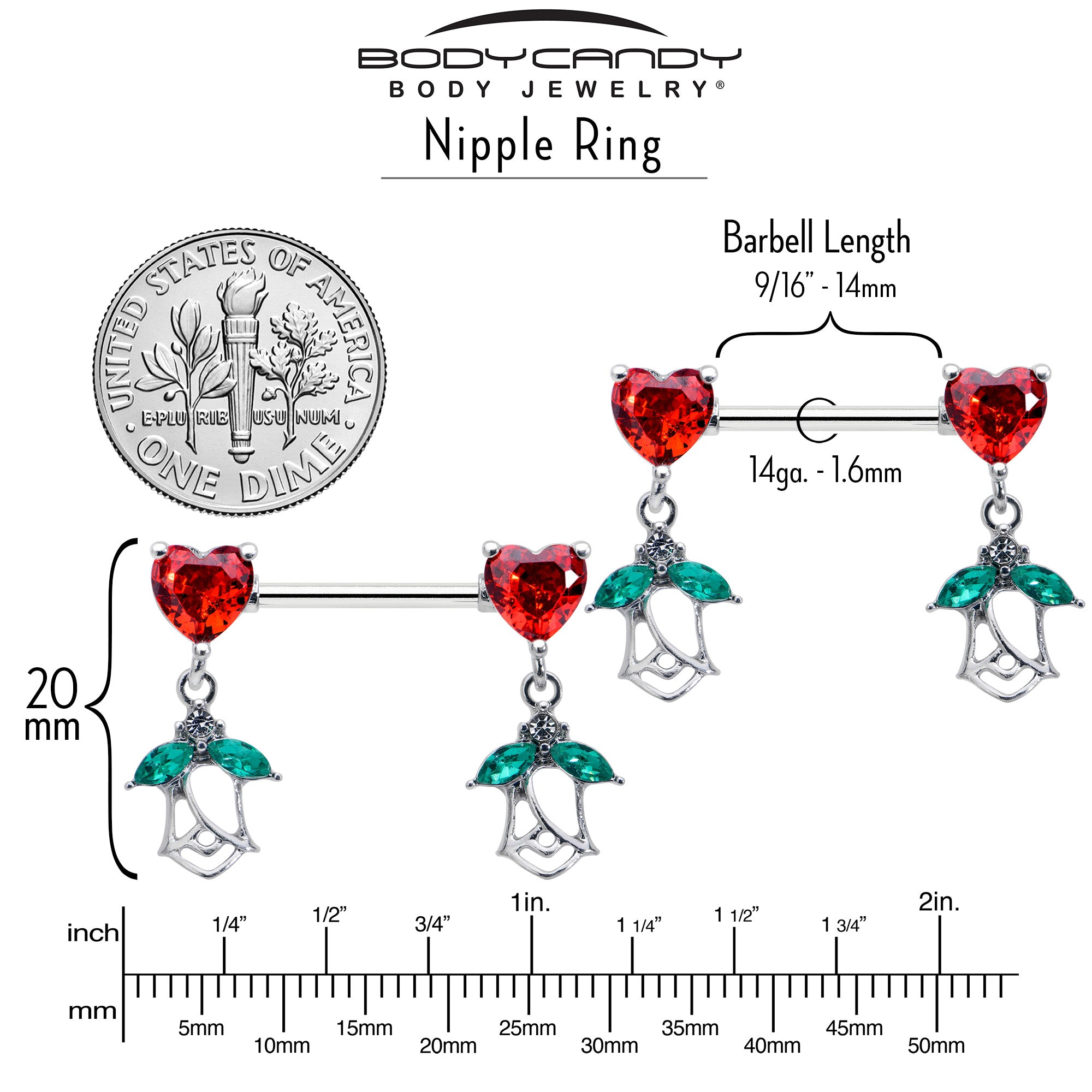 14 Gauge 9/16 Red CZ Gem Hearts And Roses Dangle Nipple Ring Set