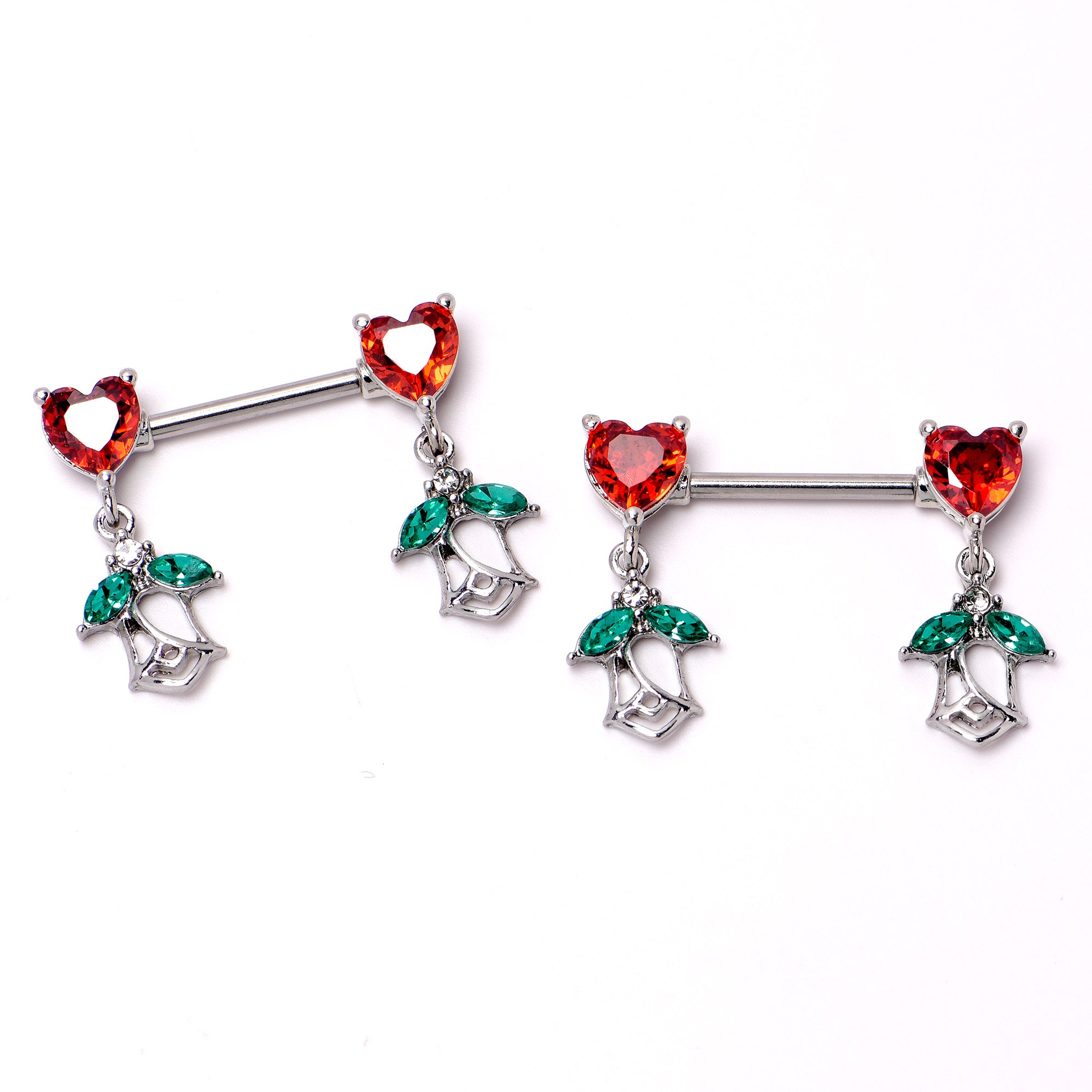 14 Gauge 9/16 Red CZ Gem Hearts And Roses Dangle Nipple Ring Set