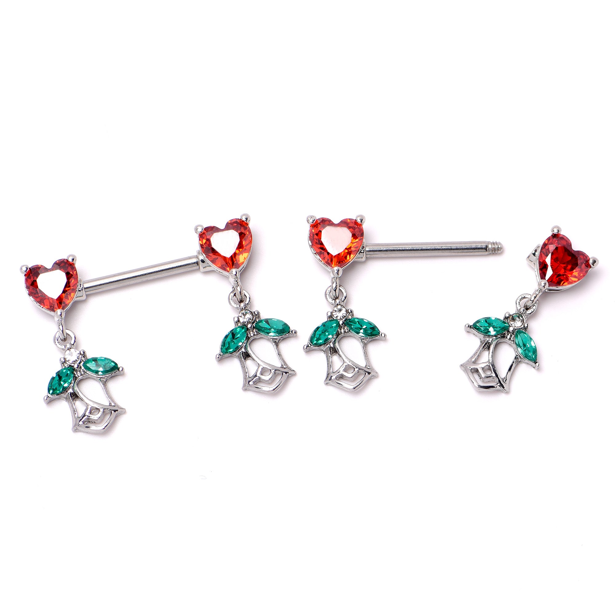 14 Gauge 9/16 Red CZ Gem Hearts And Roses Dangle Nipple Ring Set