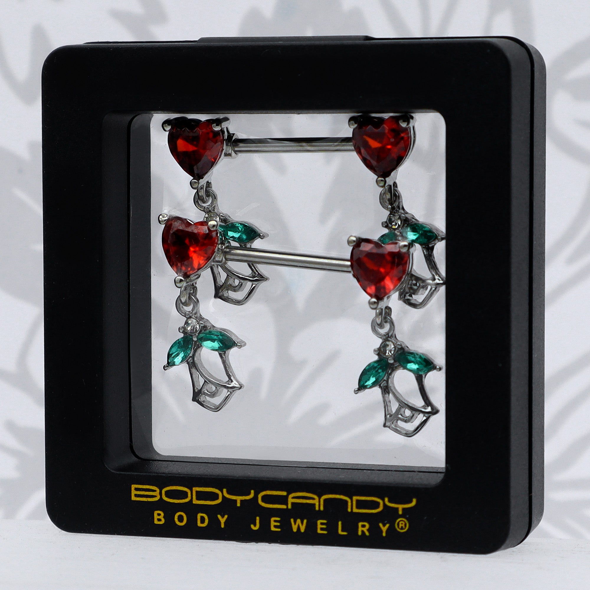 14 Gauge 9/16 Red CZ Gem Hearts And Roses Dangle Nipple Ring Set