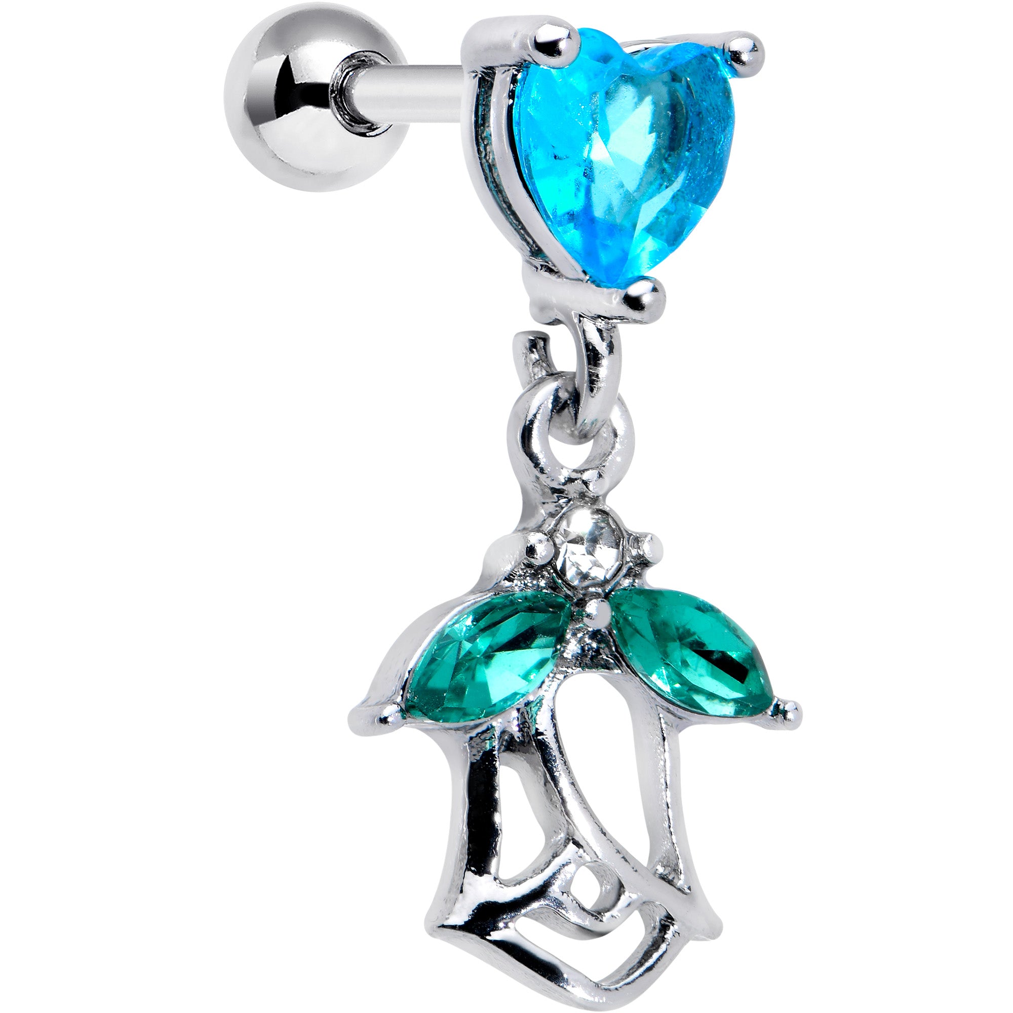 16 Gauge 1/4 Blue CZ Gem Heart And Rose Dangle Cartilage Earring