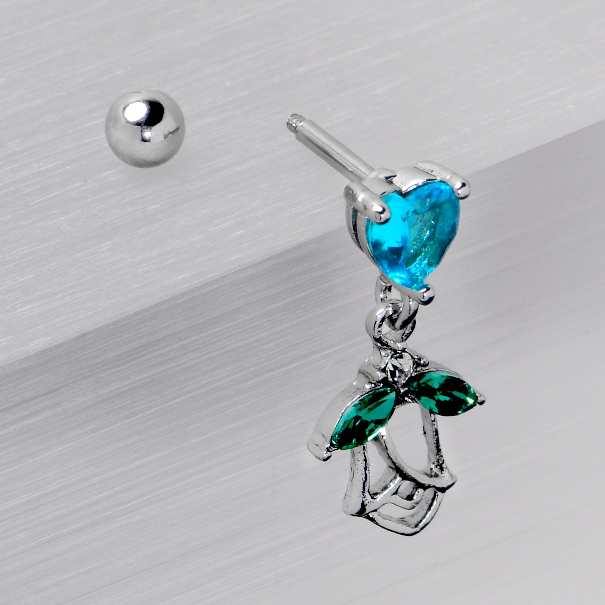 16 Gauge 1/4 Blue CZ Gem Heart And Rose Dangle Cartilage Earring