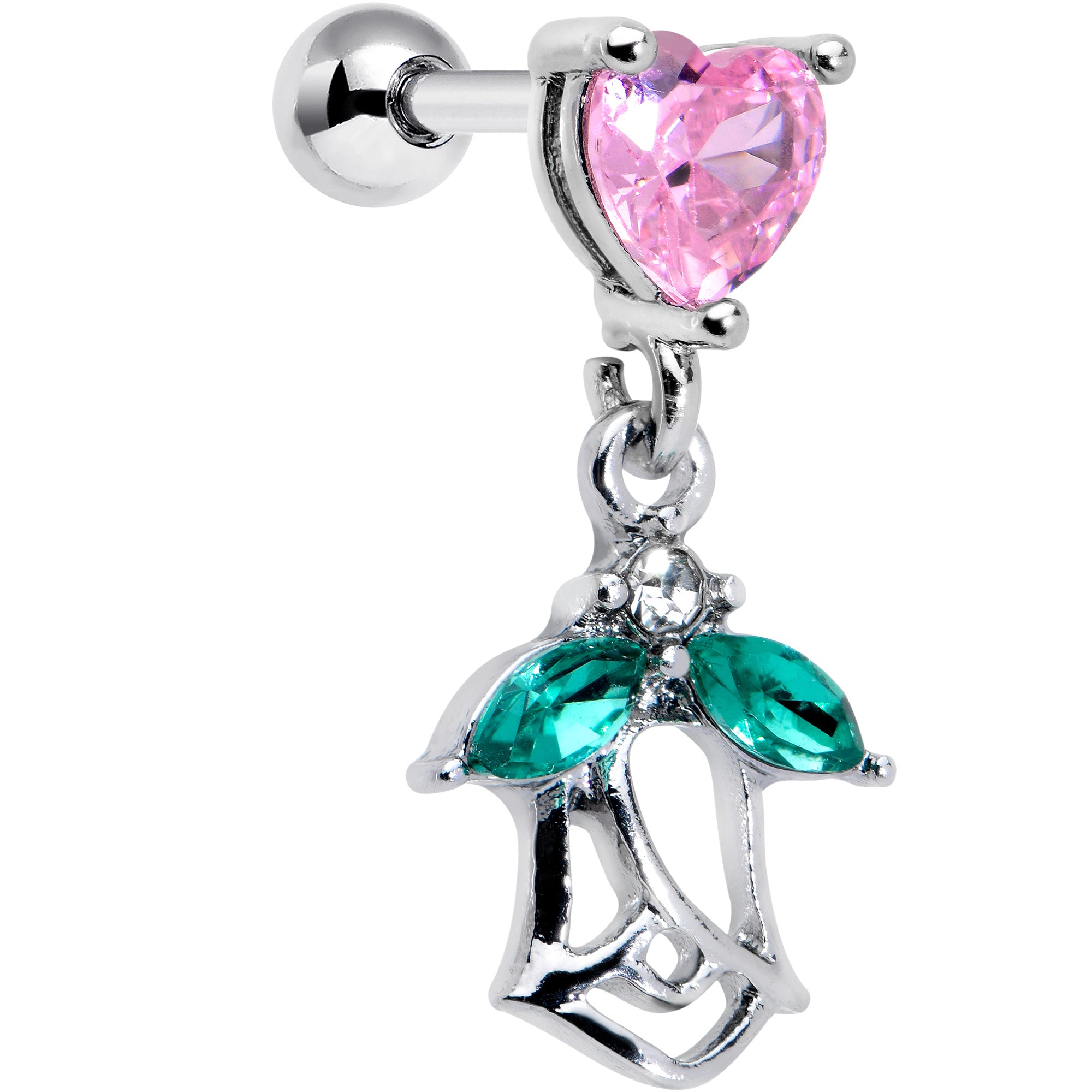 16 Gauge 1/4 Pink CZ Gem Heart And Rose Dangle Cartilage Earring