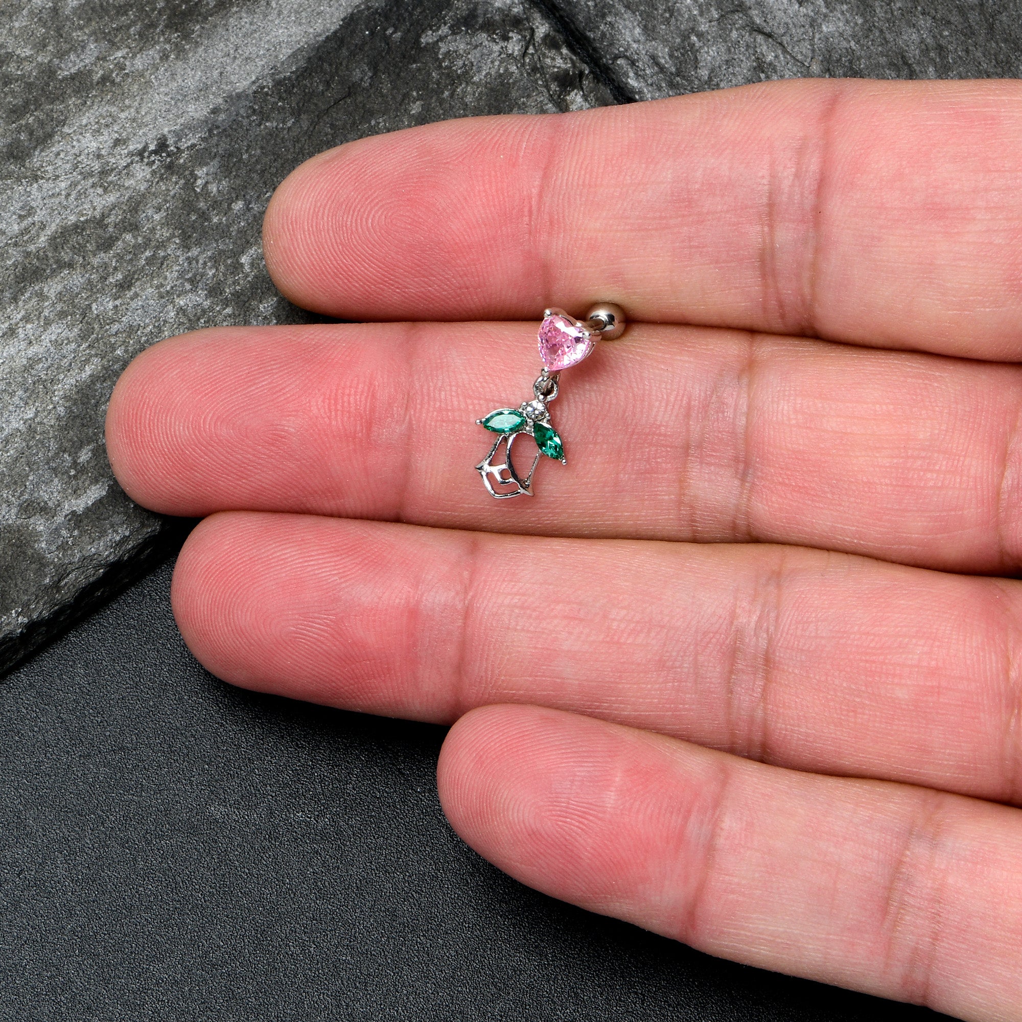 16 Gauge 1/4 Pink CZ Gem Heart And Rose Dangle Cartilage Earring