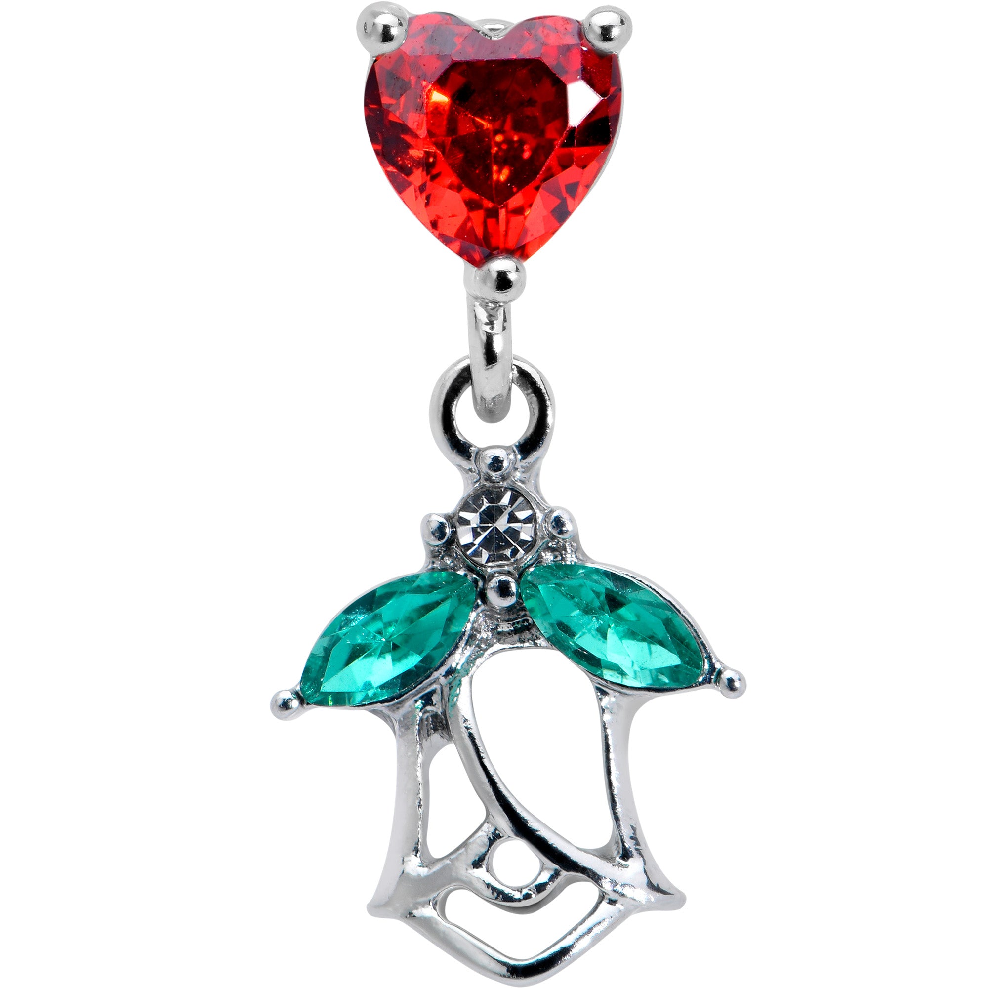 16 Gauge 1/4 Red CZ Gem Heart And Rose Dangle Cartilage Earring