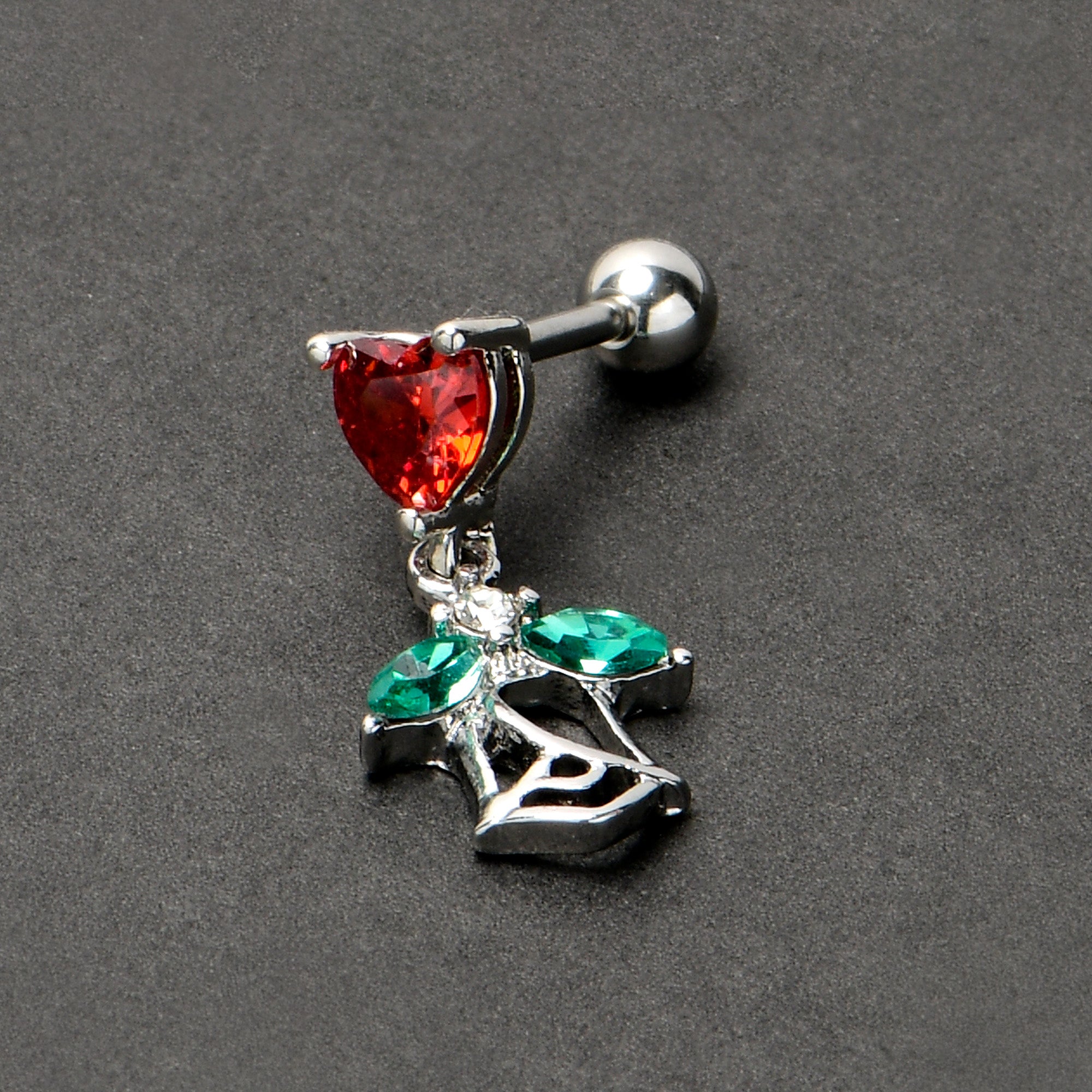 16 Gauge 1/4 Red CZ Gem Heart And Rose Dangle Cartilage Earring